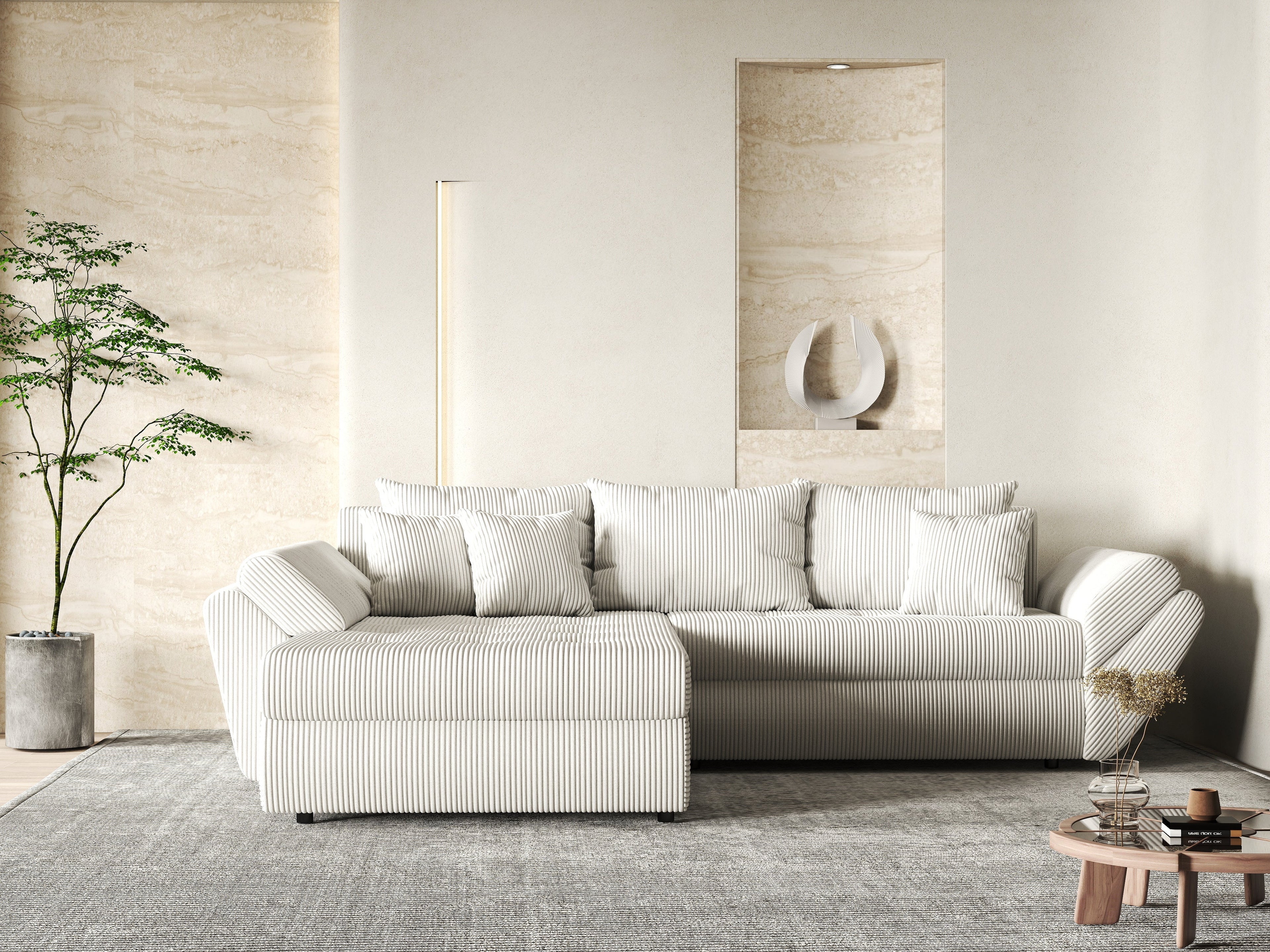 Colțar extensibil dumonde cu ladă de depozitare si sezut confortabil din spuma high-density, Loana Zoom Crem 270x185 cm