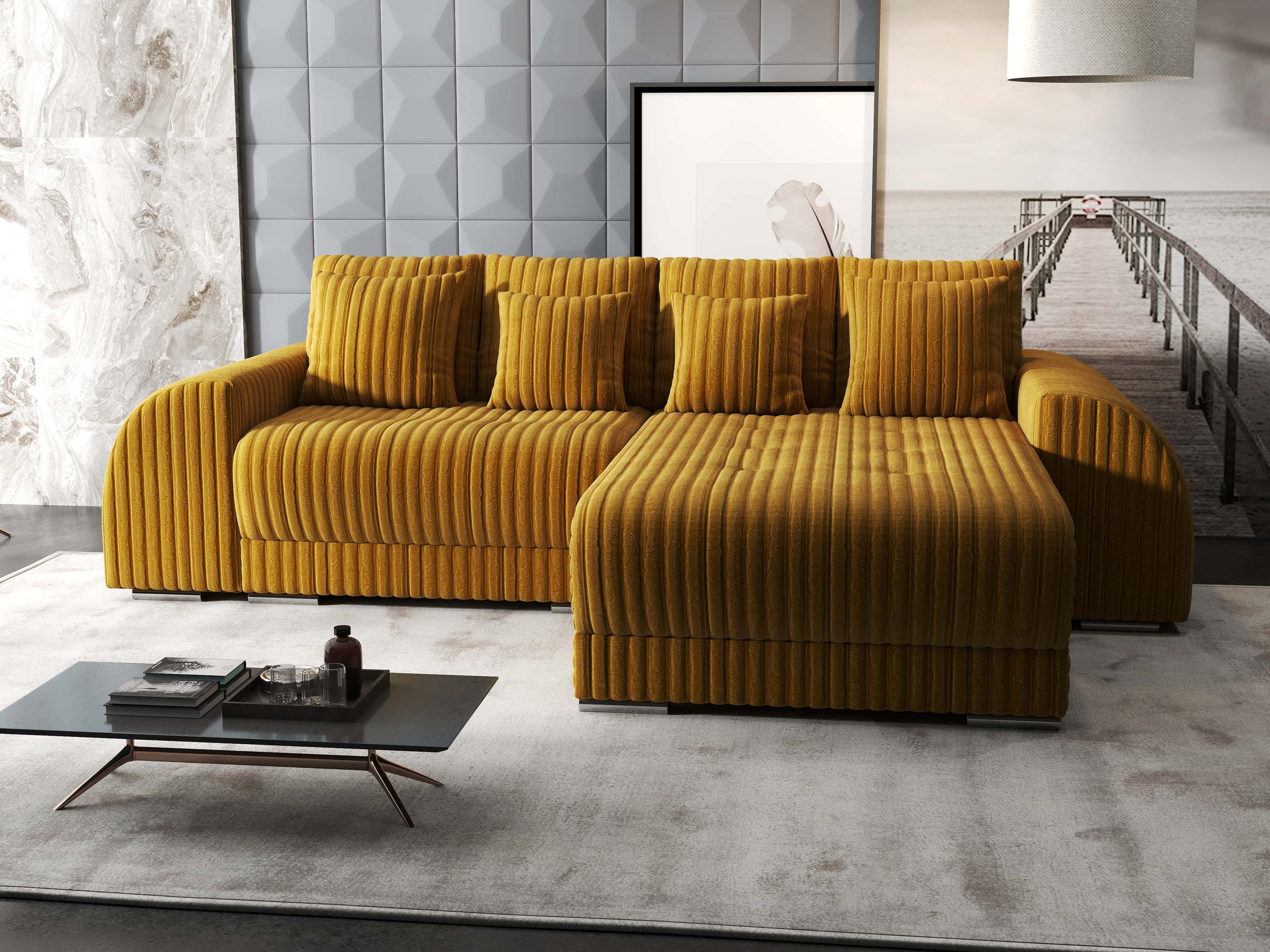 Colțar extensibil dumonde cu ladă de depozitare si sezut confortabil din spuma high-density, Verona Ambience Mustar II 290x185 cm