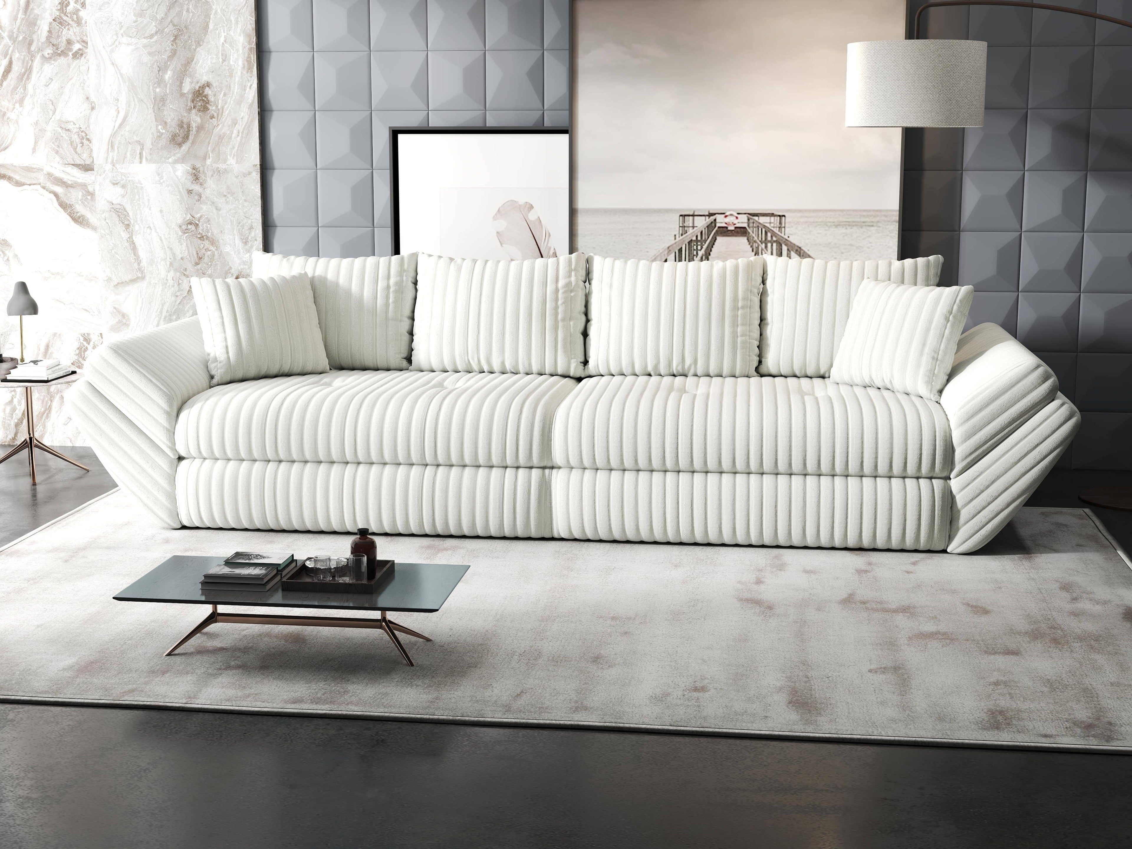 Canapea extensibilă dumonde cu ladă de depozitare si sezut confortabil din spuma high-density, Loana Ambience Ivory 300x100 cm