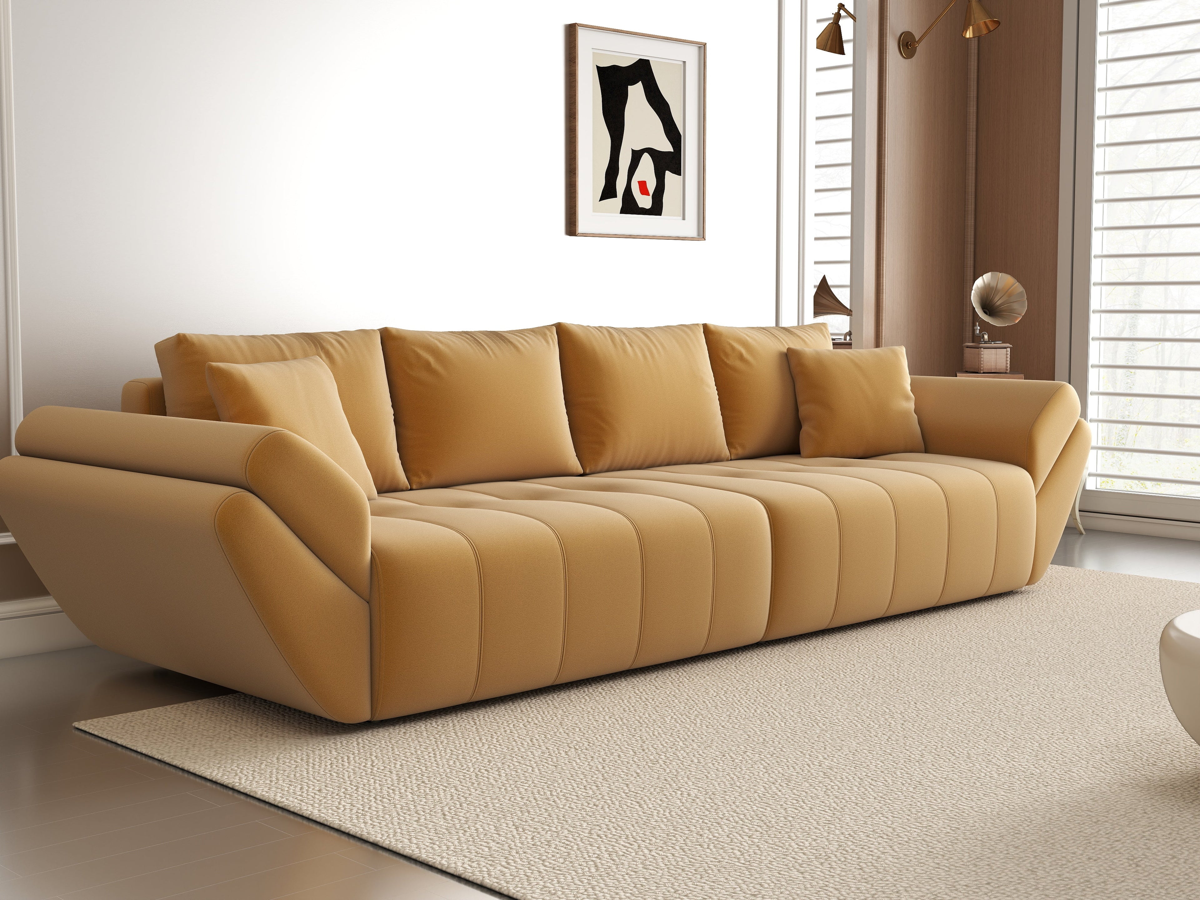 Canapea extensibilă dumonde cu ladă de depozitare si sezut confortabil din spuma high-density, Berlin Royal Mustar 300x100 cm