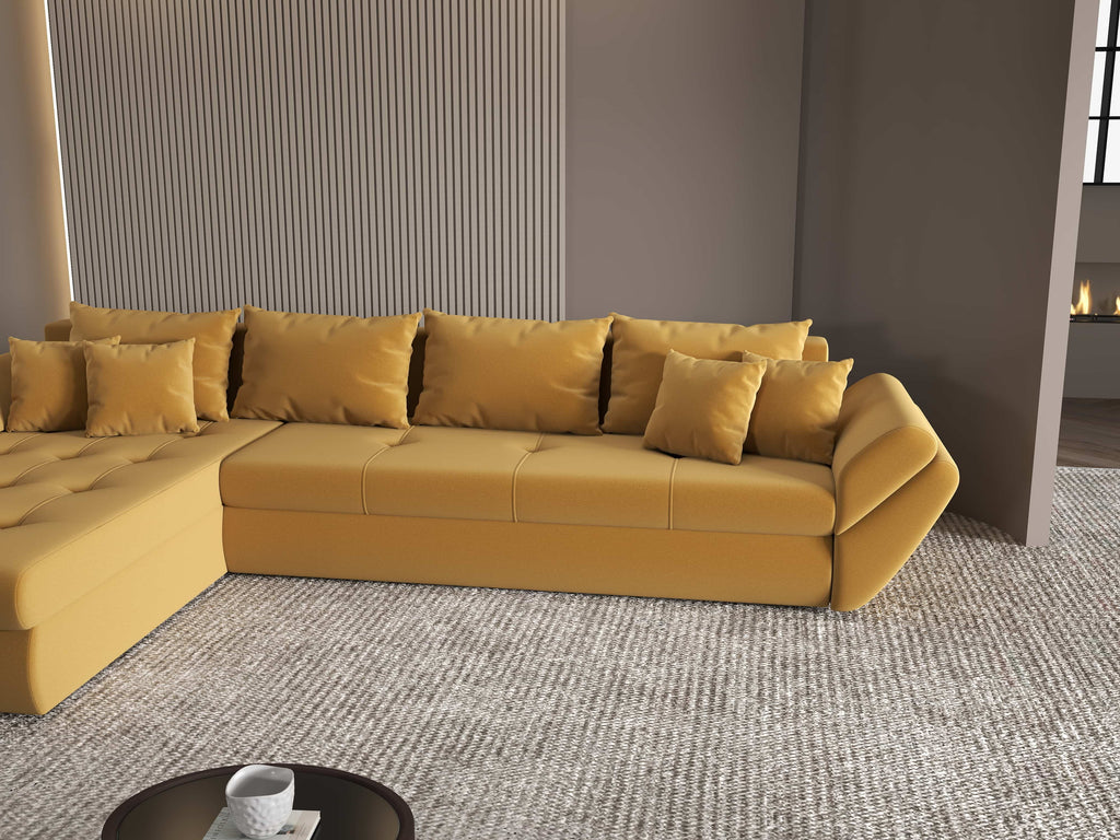 Colțar extensibil dumonde cu ladă de depozitare si sezut confortabil din spuma high-density, Loana XL Royal Mustar 335x185 cm