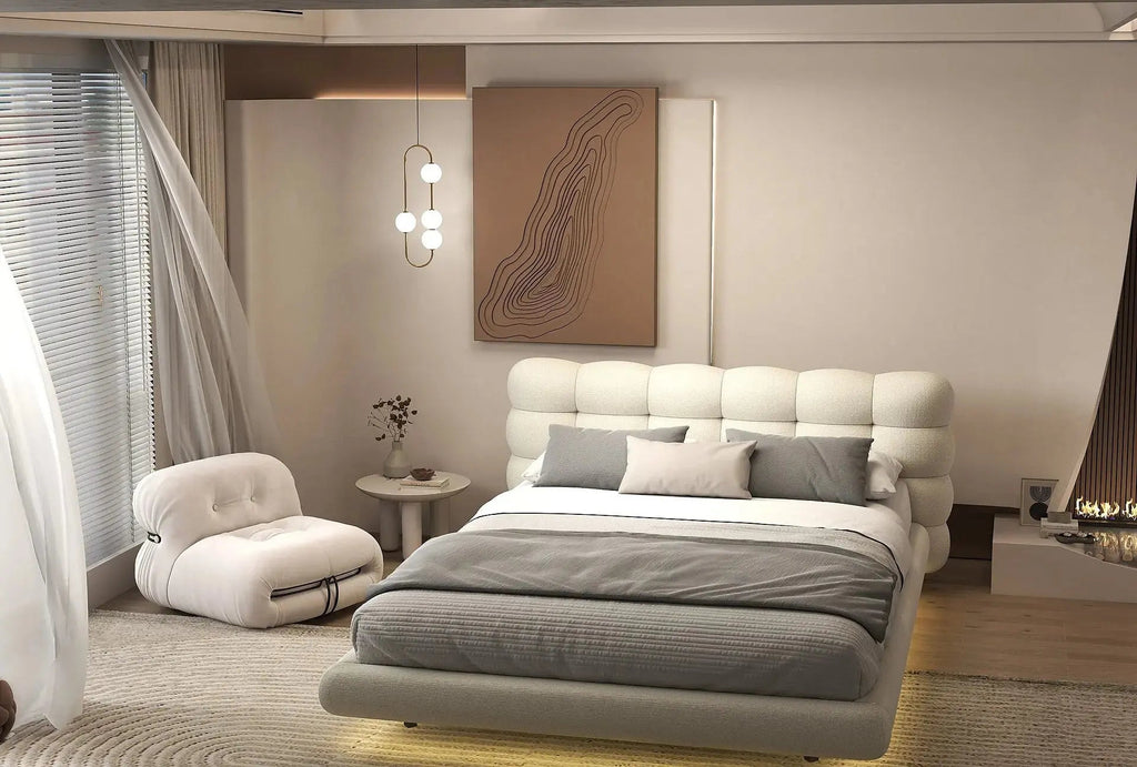 Pat dormitor dumonde, tapitat gri cu LED, "floating bed" Cloud 180x200 cm, somiera inclusa