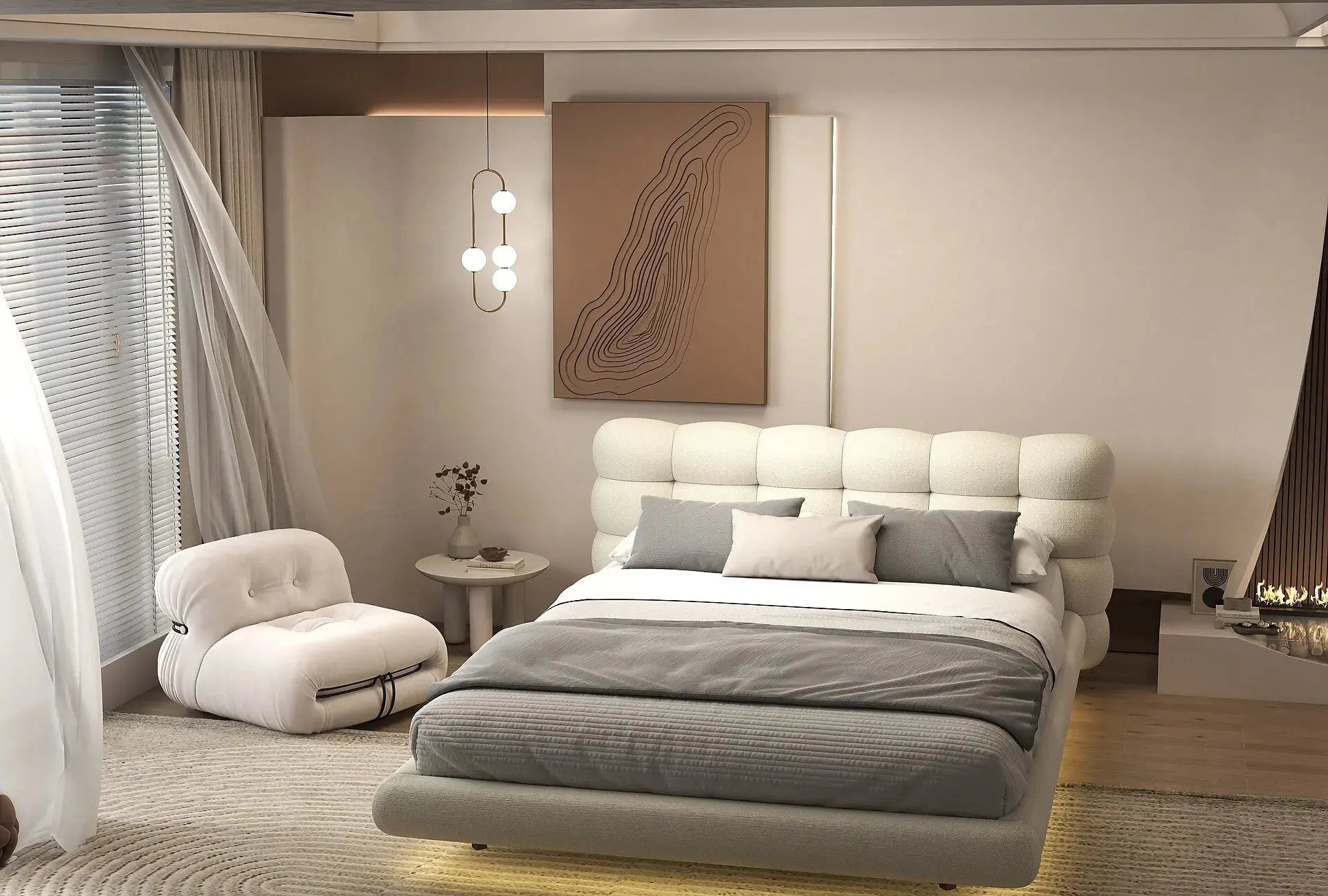 Pat dormitor dumonde, tapitat gri cu LED, "floating bed" Cloud 180x200 cm, somiera inclusa