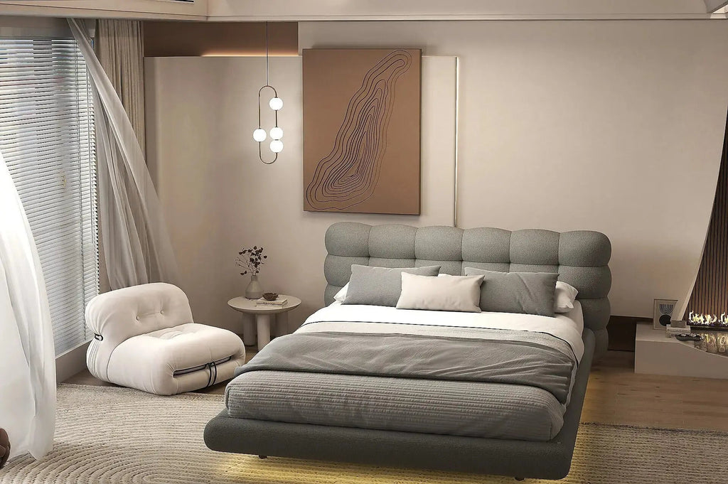 Pat dormitor dumonde, tapitat gri cu LED, "floating bed" Cloud 140x200 cm, somiera inclusa