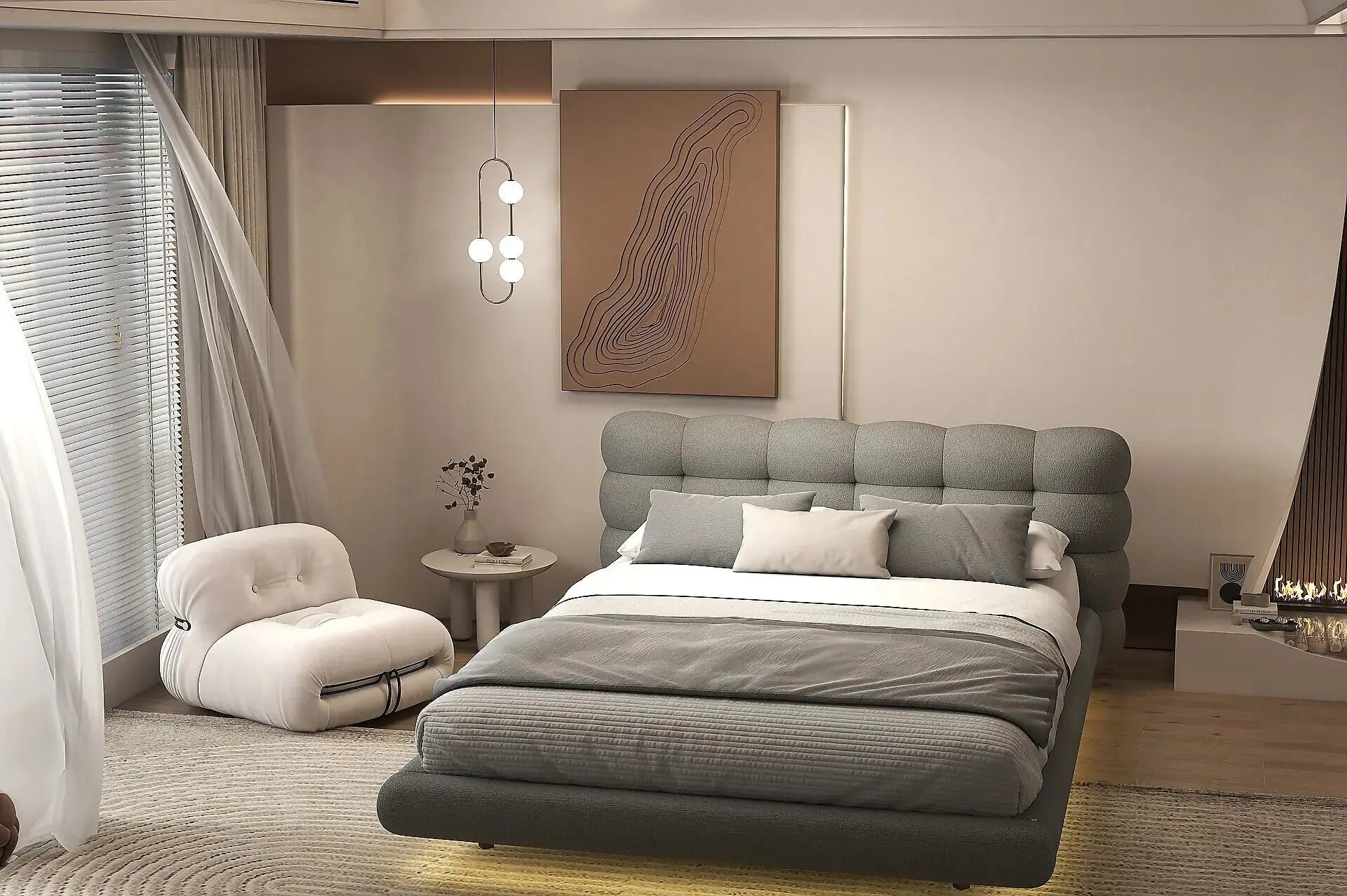 Pat dormitor dumonde, tapitat gri cu LED, "floating bed" Cloud 140x200 cm, somiera inclusa