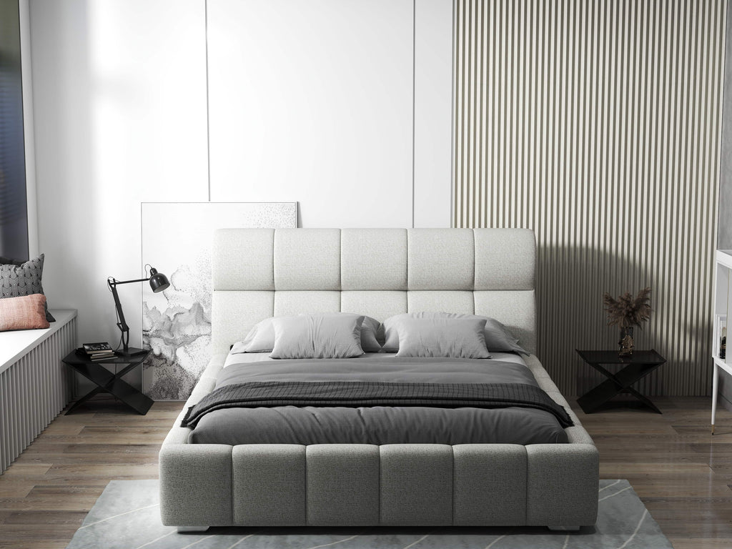 Pat dormitor dumonde, tapitat bej, Prestige 180x200 cm, somiera rabatabila inclusa, spatiu depozitare
