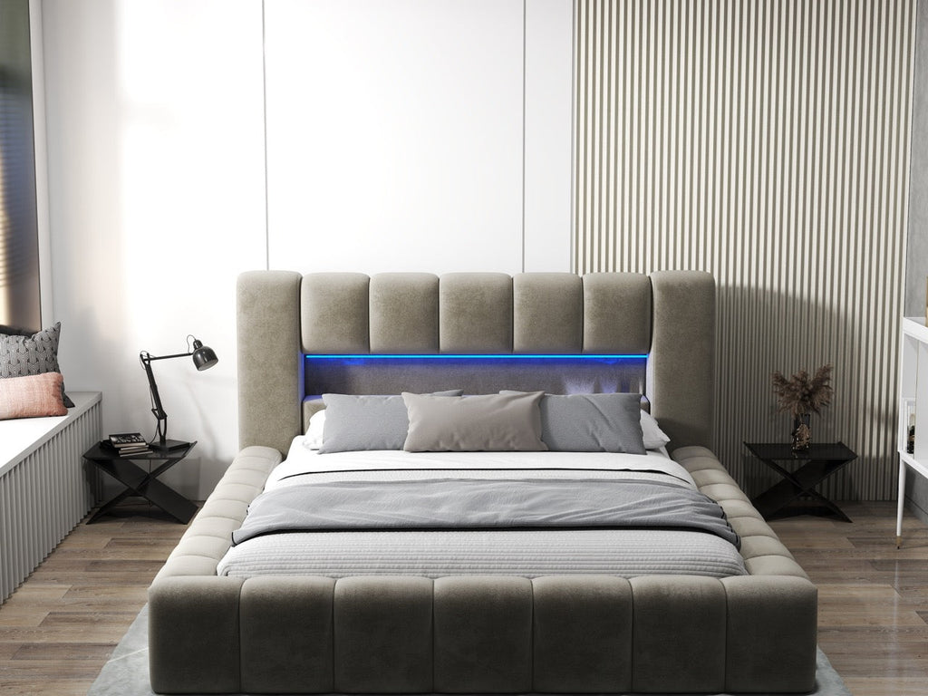 Pat dormitor dumonde, tapitat bej cu LED si USB, Palermo 160x200 cm, somiera rabatabila inclusa, spatiu depozitare