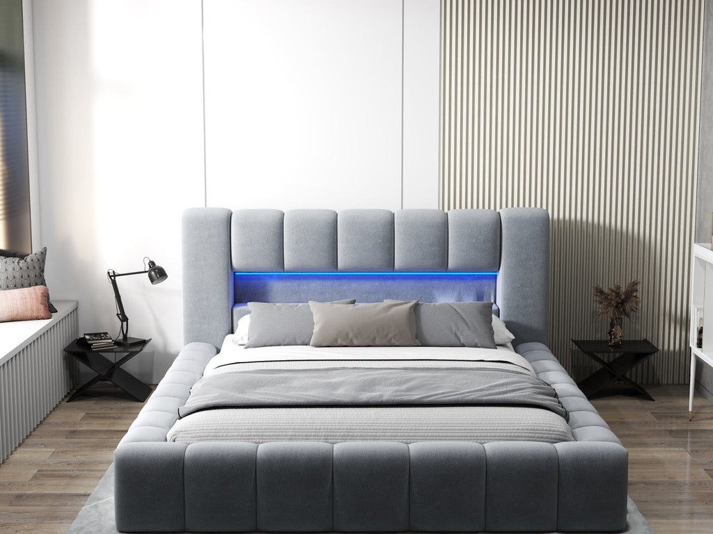 Pat dormitor dumonde, tapitat gri cu LED si USB, Palermo 160x200 cm, somiera rabatabila inclusa, spatiu depozitare