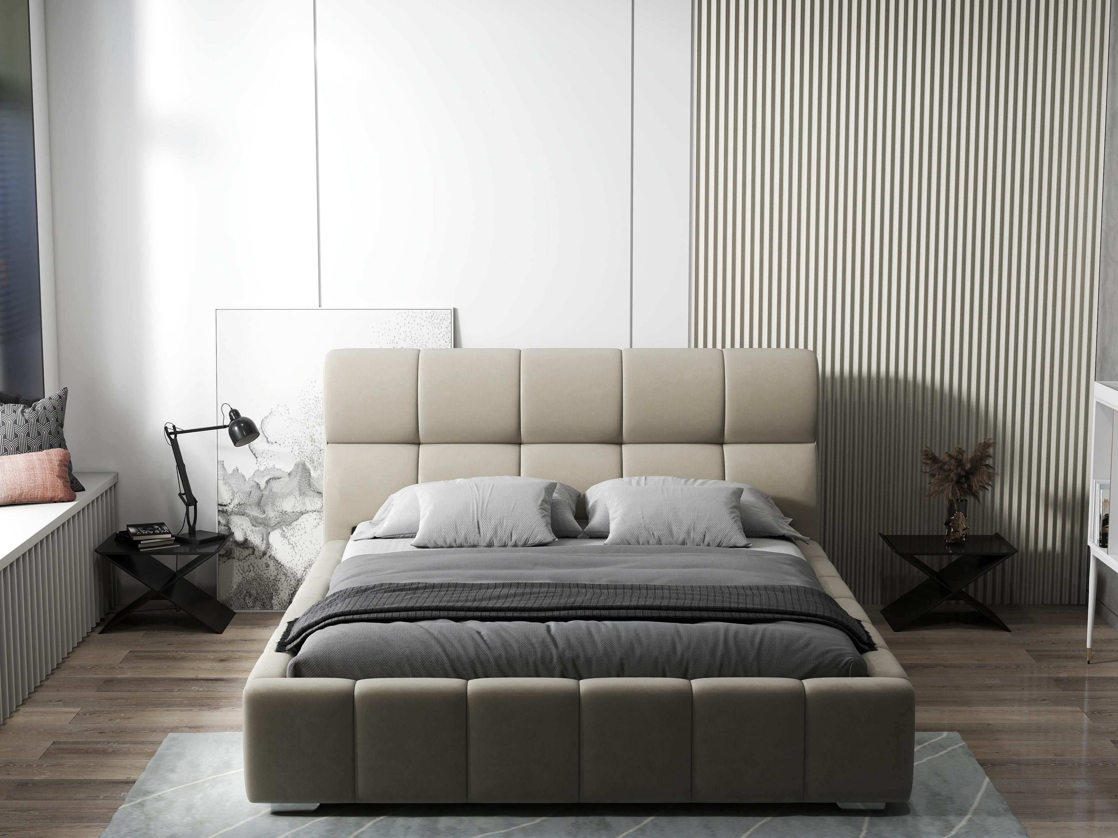 Pat dormitor dumonde, tapitat bej, Prestige 160x200 cm, somiera rabatabila inclusa, spatiu depozitare