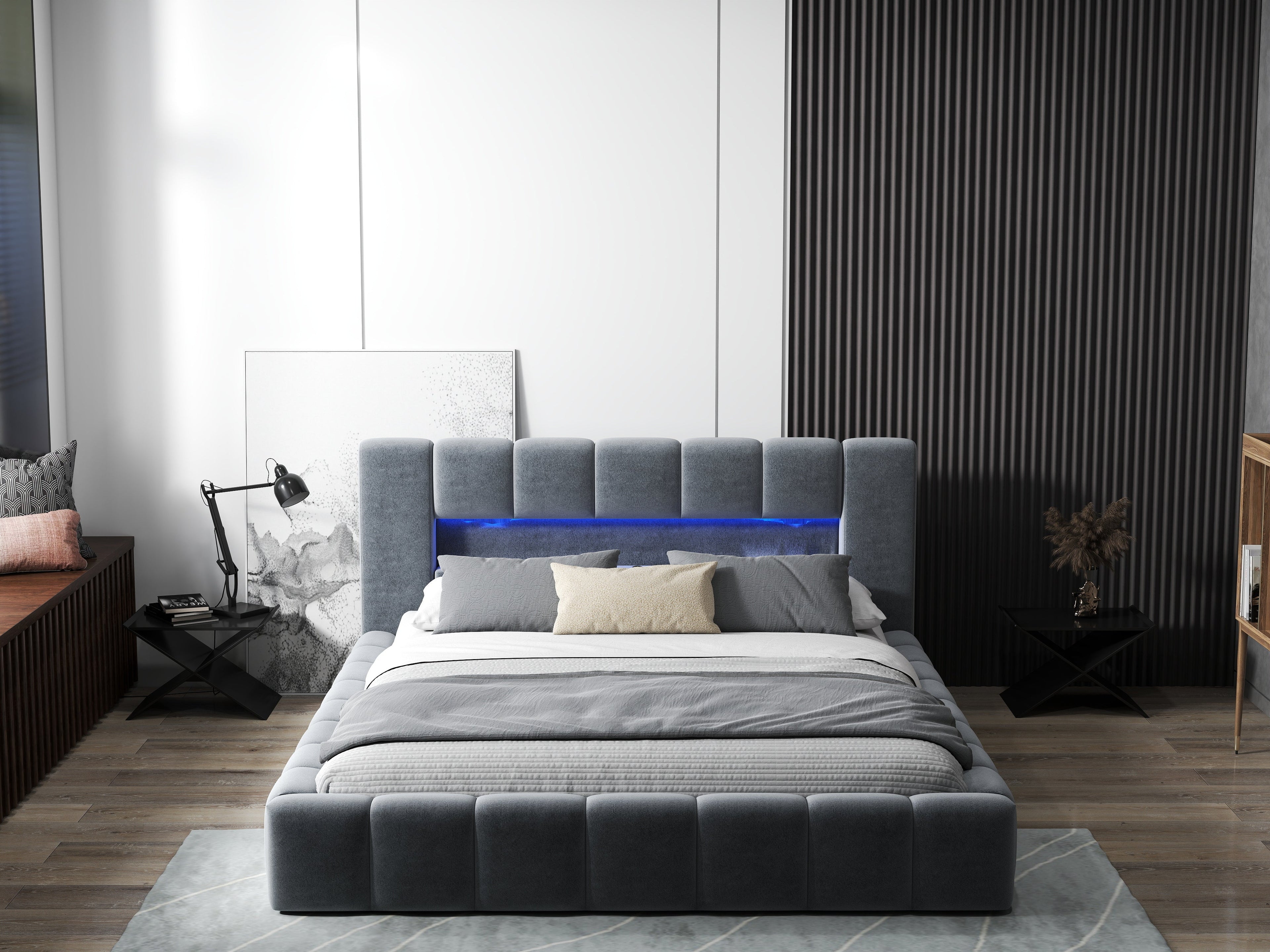 Pat dormitor dumonde, tapitat gri cu LED si USB, Palermo 180x200 cm, somiera rabatabila inclusa, spatiu depozitare