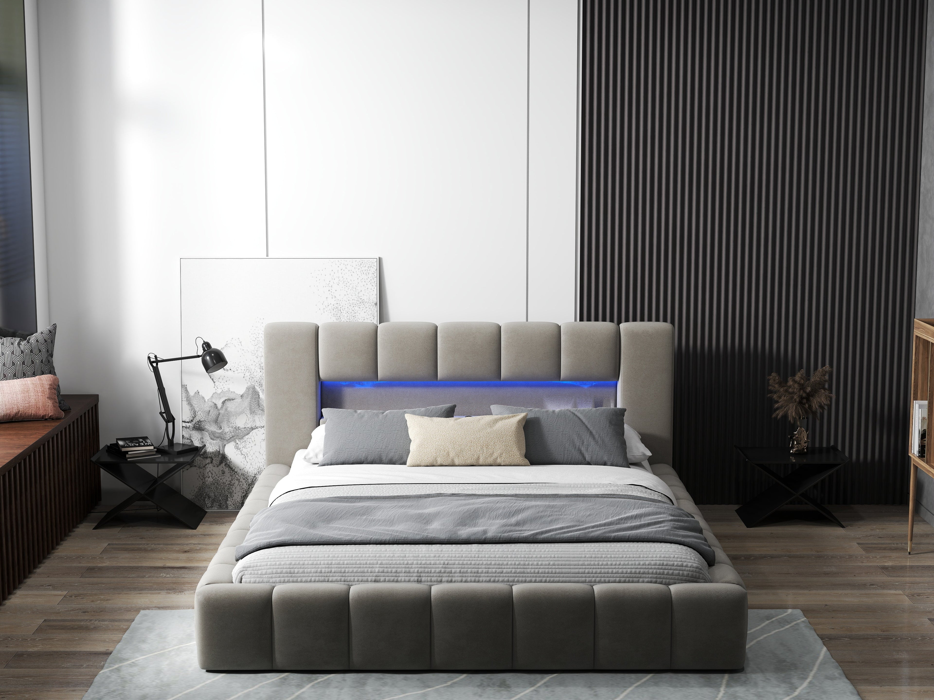 Pat dormitor dumonde, tapitat bej cu LED si USB, Palermo 180x200 cm, somiera rabatabila inclusa, spatiu depozitare