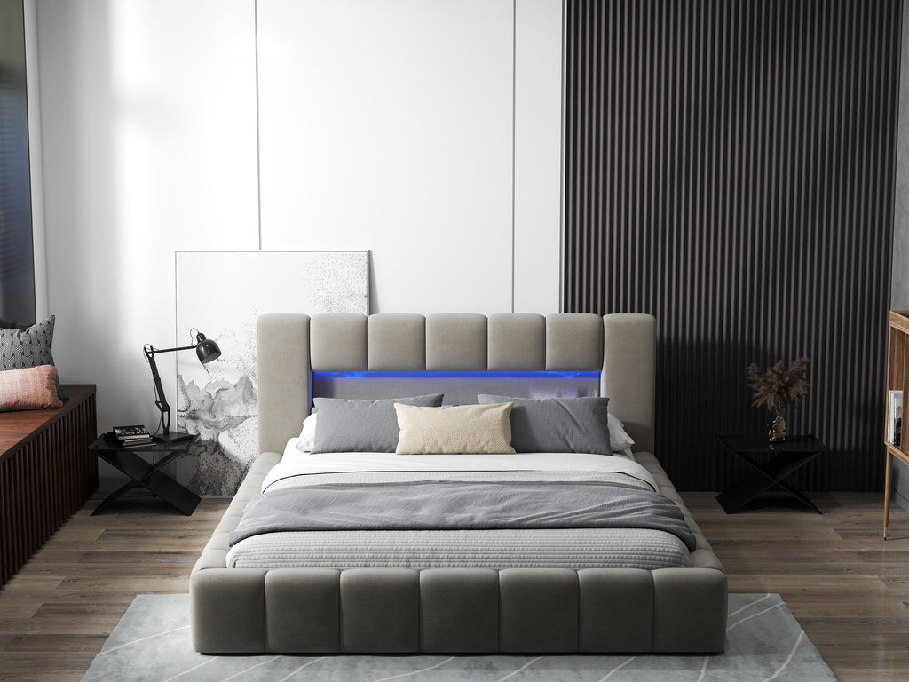 Pat dormitor dumonde, tapitat bej cu LED si USB, Palermo 140x200 cm, somiera rabatabila inclusa, spatiu depozitare