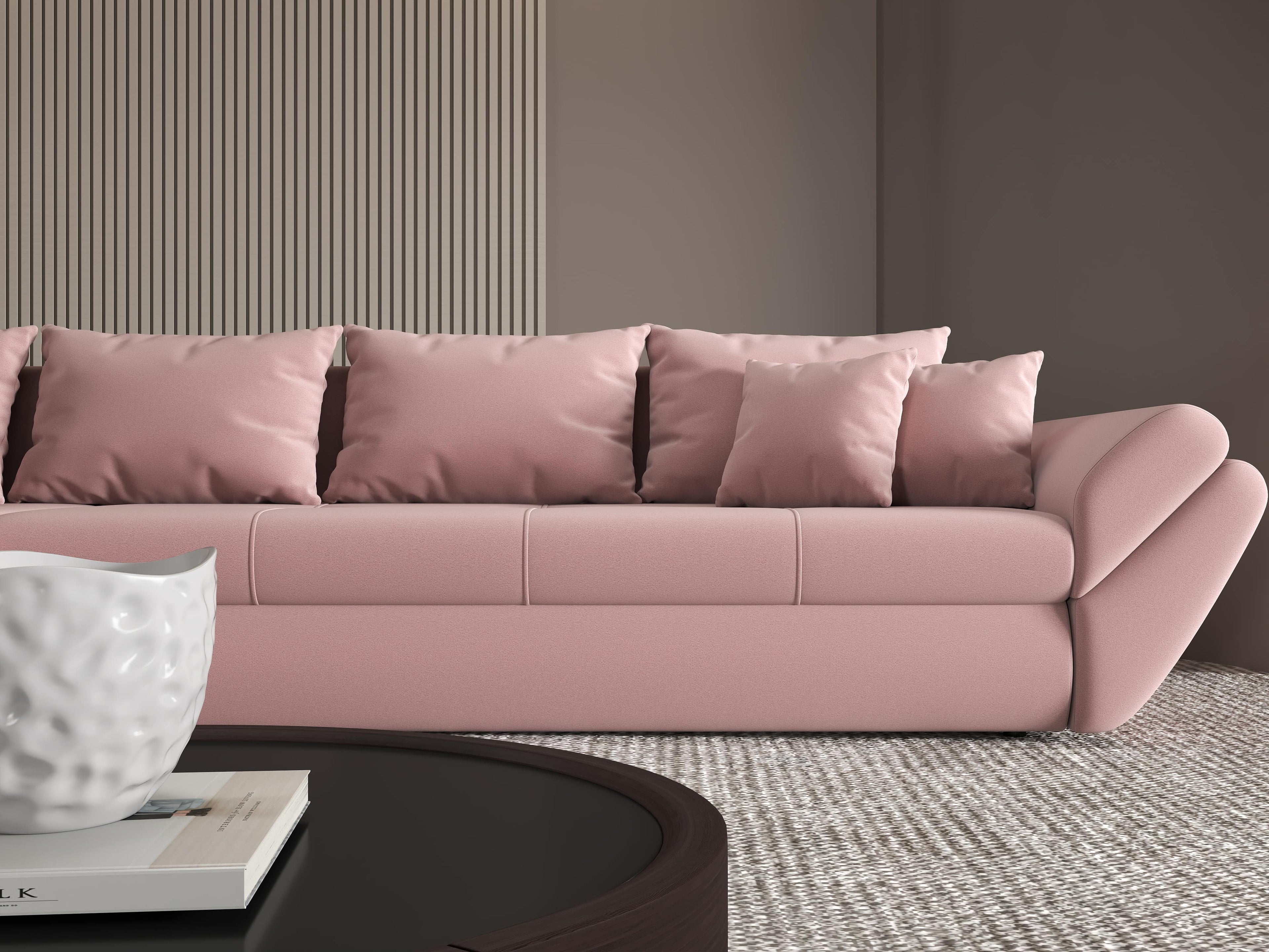 Colțar extensibil dumonde cu ladă de depozitare si sezut confortabil din spuma high-density, Loana XL Royal Roz 335x185 cm