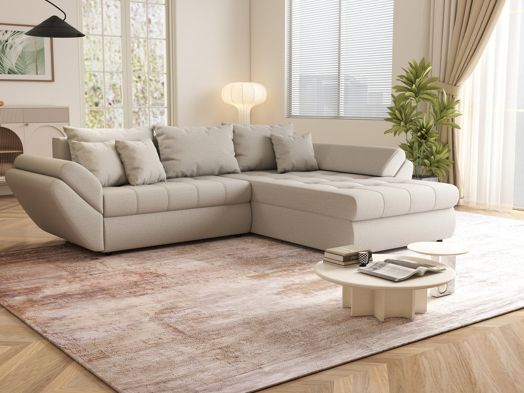 Colțar extensibil dumonde cu ladă de depozitare si sezut confortabil din spuma high-density, Loana Enjoy Bej II 270x185 cm