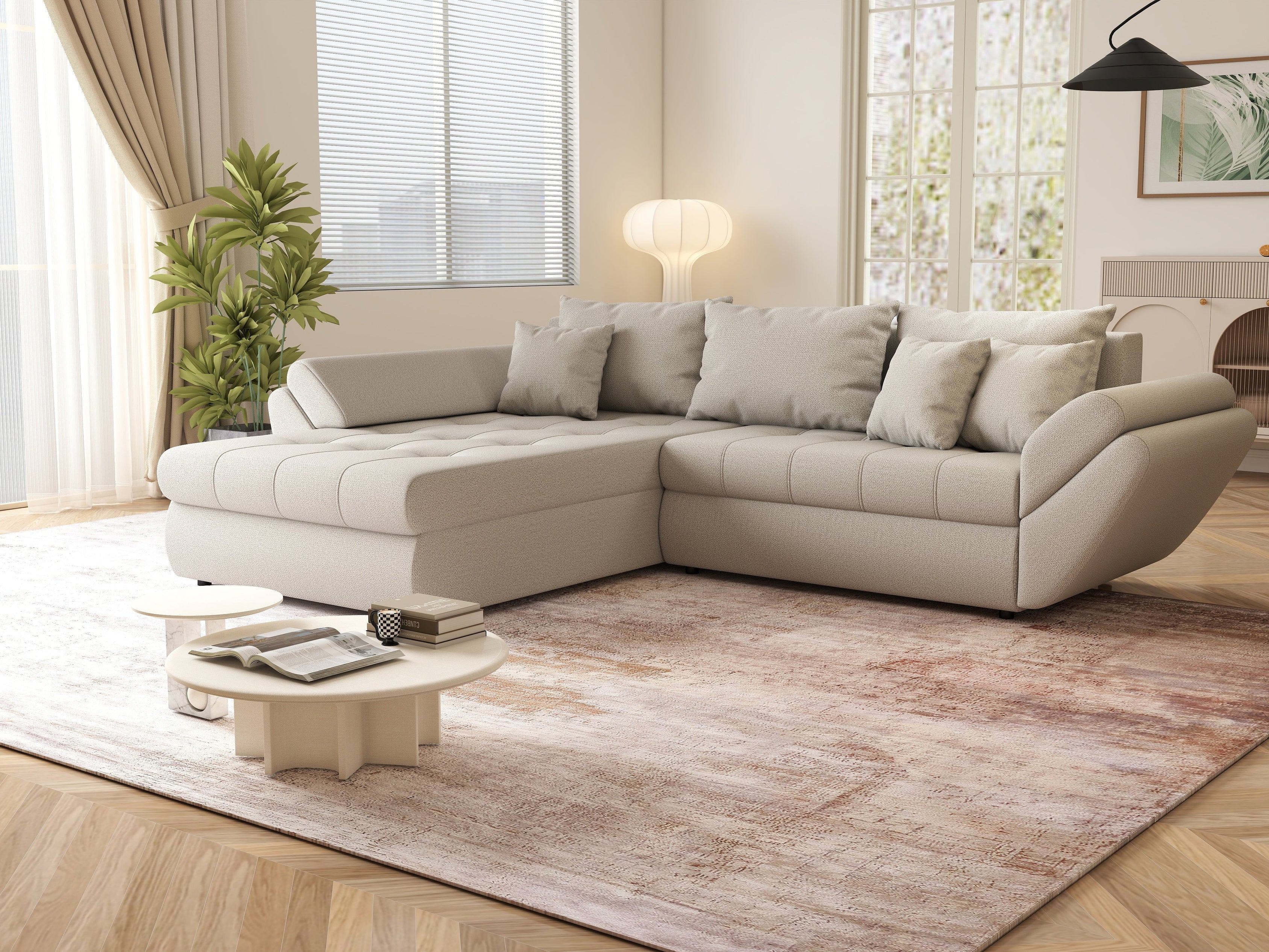 Colțar extensibil dumonde cu ladă de depozitare si sezut confortabil din spuma high-density, Loana Enjoy Bej 270x185 cm