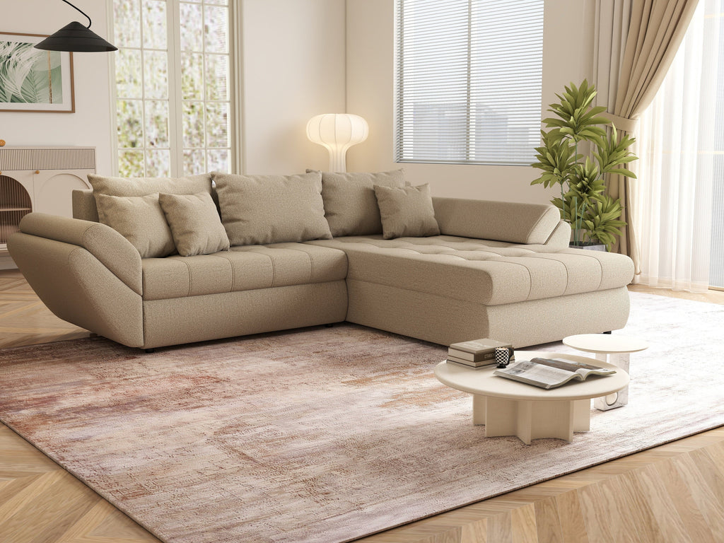 Colțar extensibil dumonde cu ladă de depozitare si sezut confortabil din spuma high-density, Loana Enjoy Camel II 270x185 cm