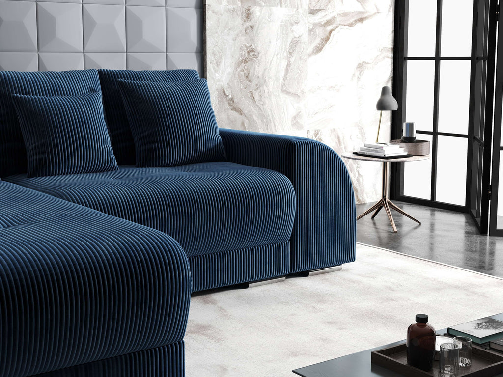 Colțar extensibil dumonde cu ladă de depozitare si sezut confortabil din spuma high-density, Verona Zoom Albastru 290x185 cm