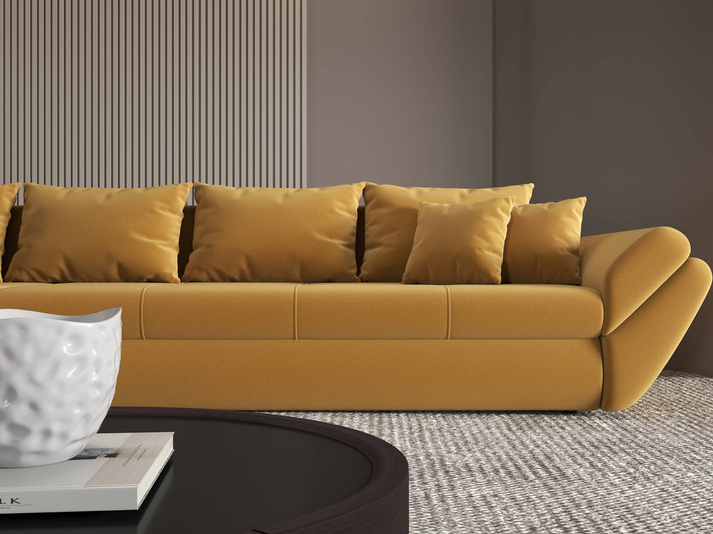 Colțar extensibil dumonde cu ladă de depozitare si sezut confortabil din spuma high-density, Loana XL Royal Mustar 335x185 cm