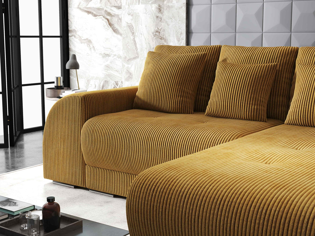 Colțar extensibil dumonde cu ladă de depozitare si sezut confortabil din spuma high-density, Verona Zoom Mustar II 290x185 cm