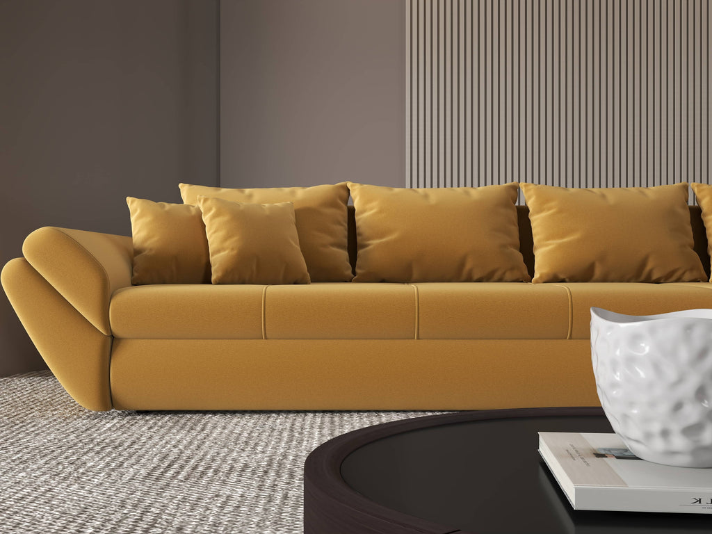 Colțar extensibil dumonde cu ladă de depozitare si sezut confortabil din spuma high-density, Loana XL Royal Mustar II 335x185 cm