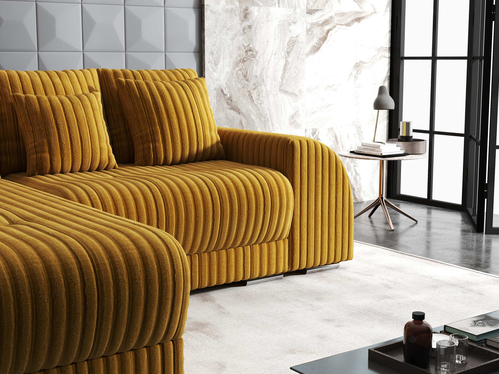 Colțar extensibil dumonde cu ladă de depozitare si sezut confortabil din spuma high-density, Verona Ambience Mustar 290x185 cm