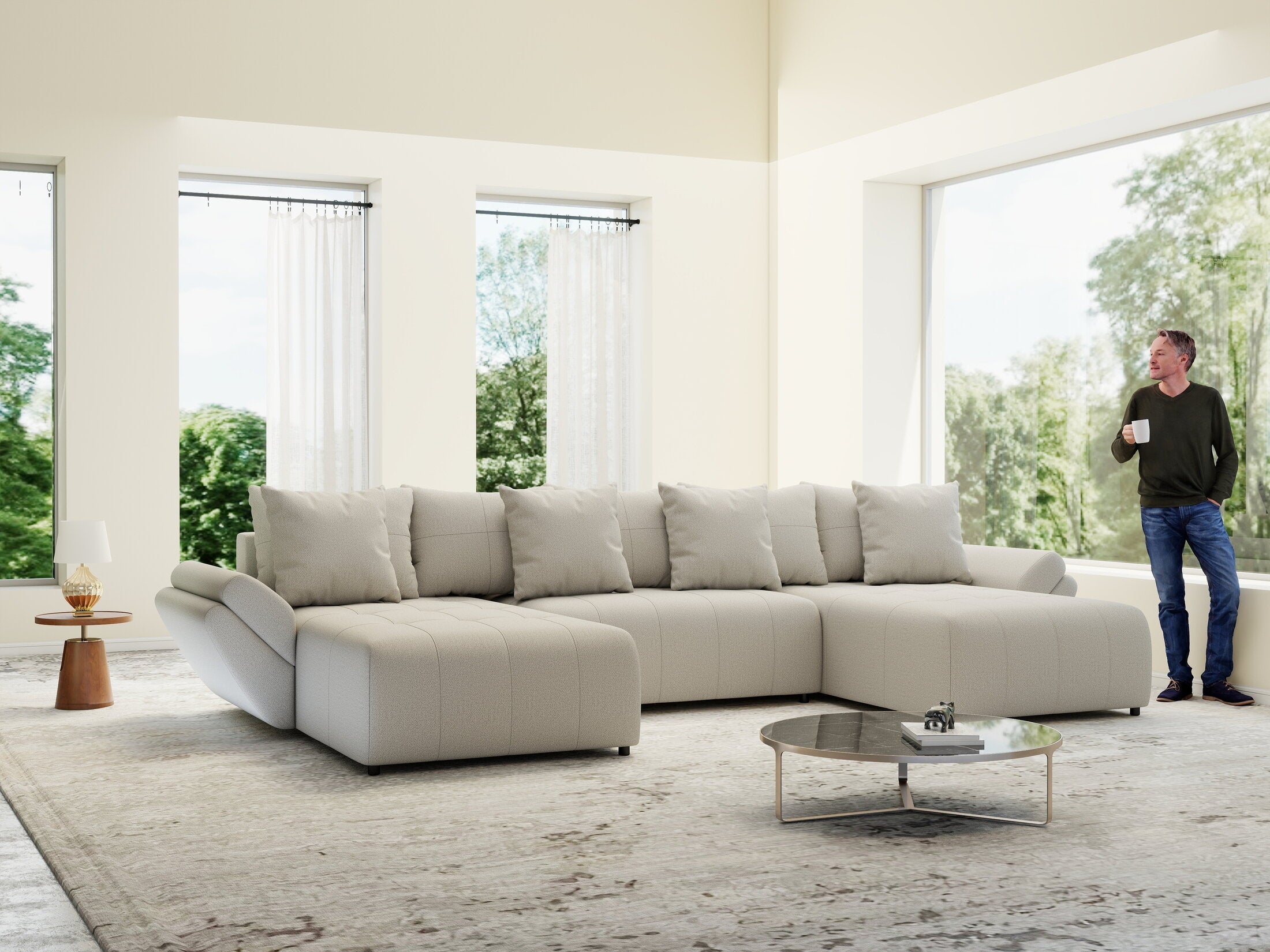 Colțar extensibil dumonde cu ladă de depozitare si sezut confortabil din spuma high-density, Berlin U Enjoy Bej 380x180 cm
