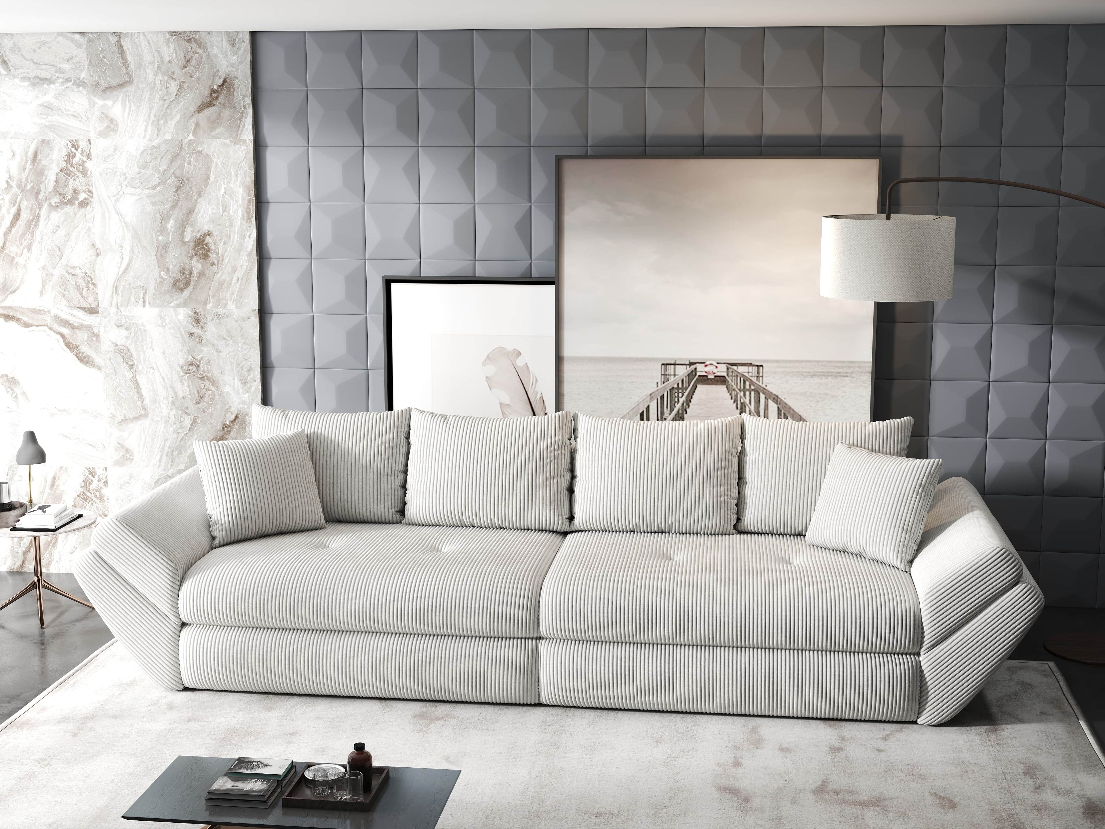 Canapea extensibilă dumonde cu ladă de depozitare si sezut confortabil din spuma high-density, Loana Zoom Cream 300x100 cm