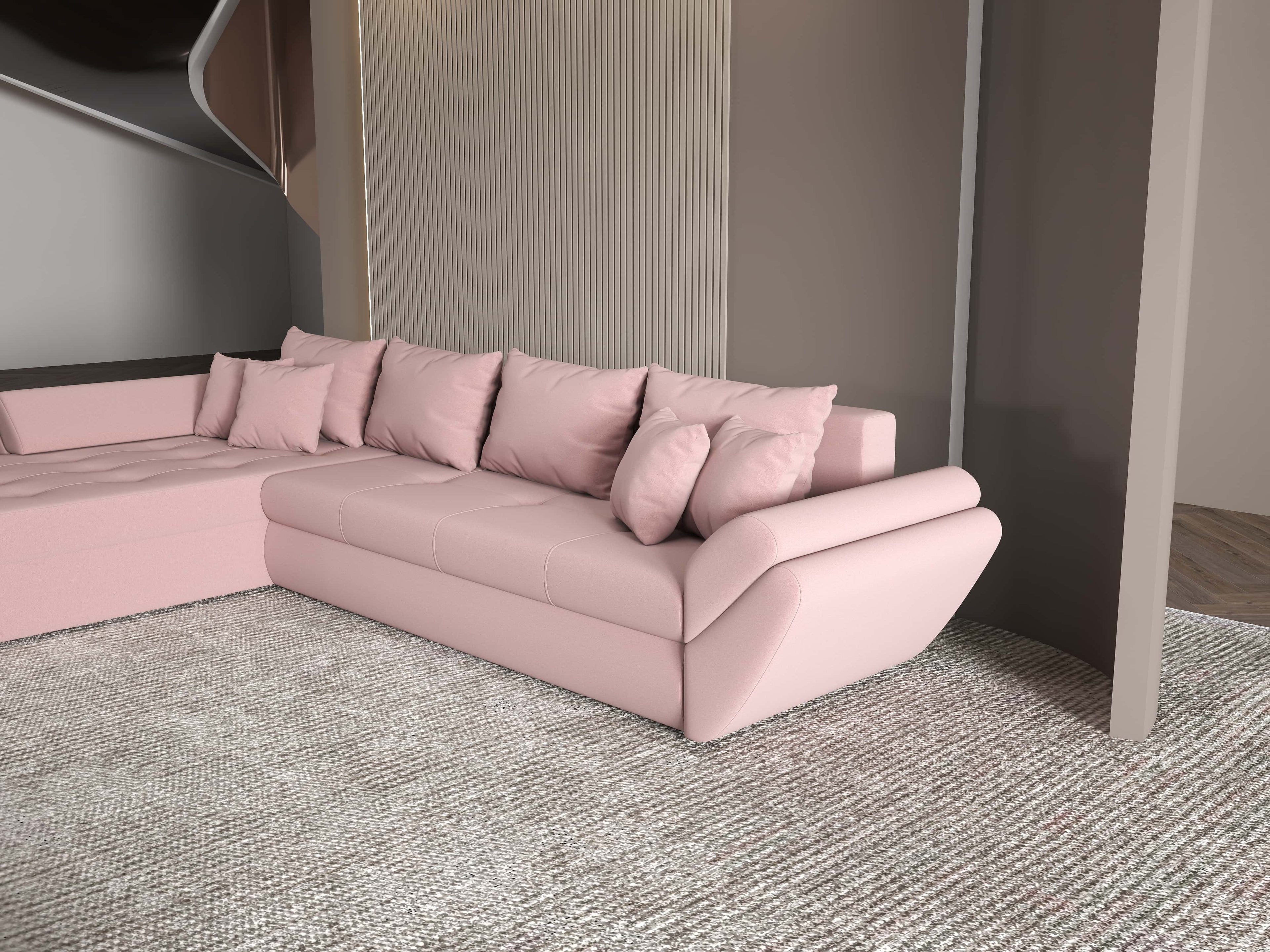 Colțar extensibil dumonde cu ladă de depozitare si sezut confortabil din spuma high-density, Loana XL Royal Roz 335x185 cm