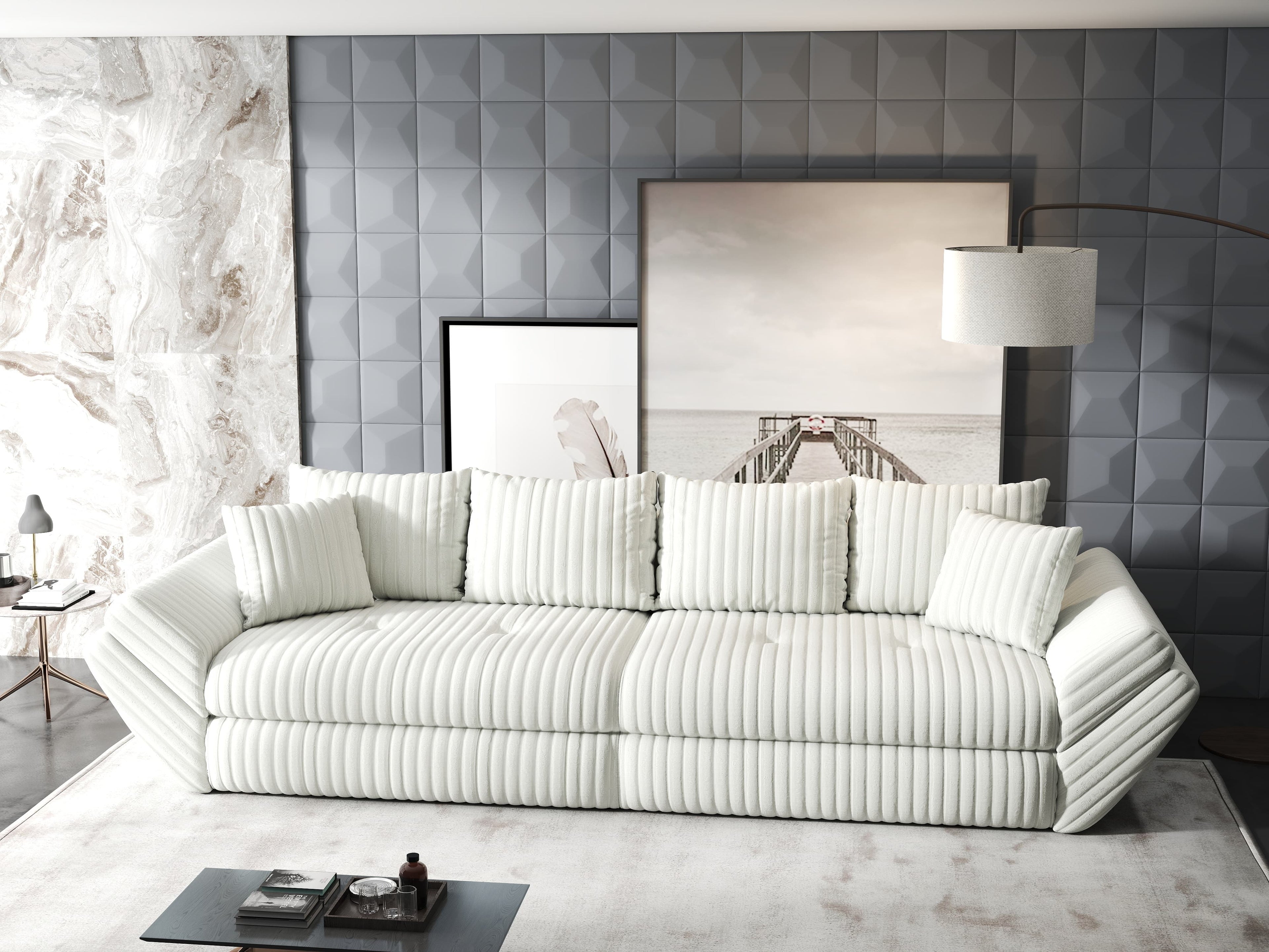 Canapea extensibilă dumonde cu ladă de depozitare si sezut confortabil din spuma high-density, Loana Ambience Ivory 300x100 cm