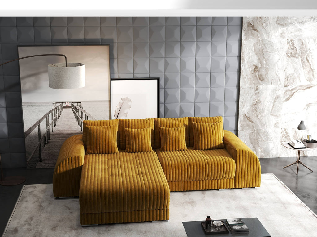 Colțar extensibil dumonde cu ladă de depozitare si sezut confortabil din spuma high-density, Verona Ambience Mustar 290x185 cm