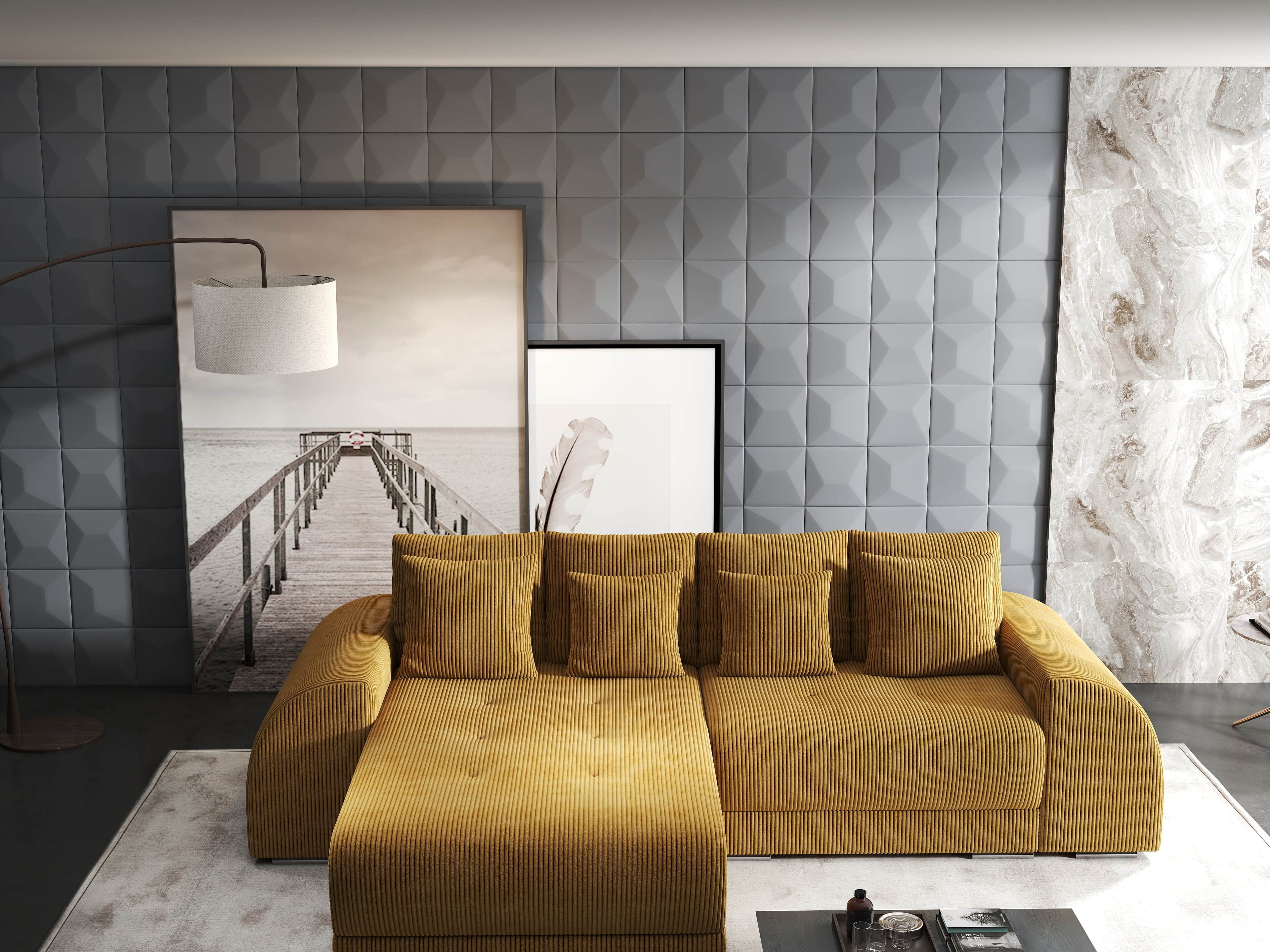 Colțar extensibil dumonde cu ladă de depozitare si sezut confortabil din spuma high-density, Verona Zoom Mustar 290x185 cm