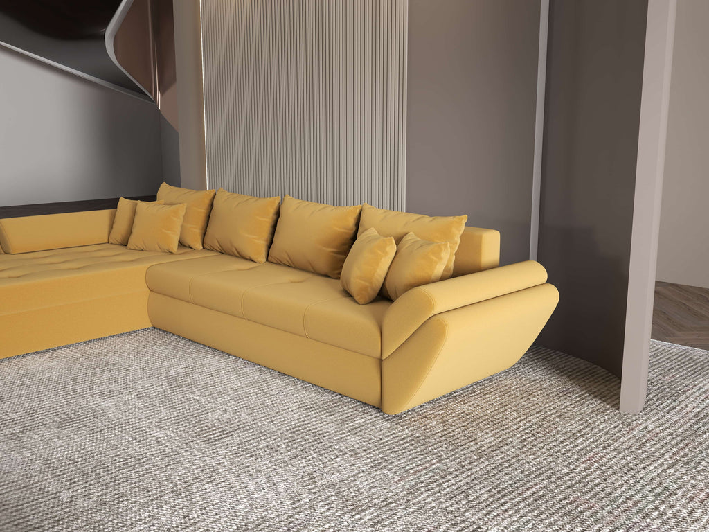 Colțar extensibil dumonde cu ladă de depozitare si sezut confortabil din spuma high-density, Loana XL Royal Mustar 335x185 cm