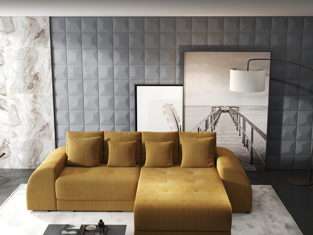 Colțar extensibil dumonde cu ladă de depozitare si sezut confortabil din spuma high-density, Verona Zoom Mustar II 290x185 cm