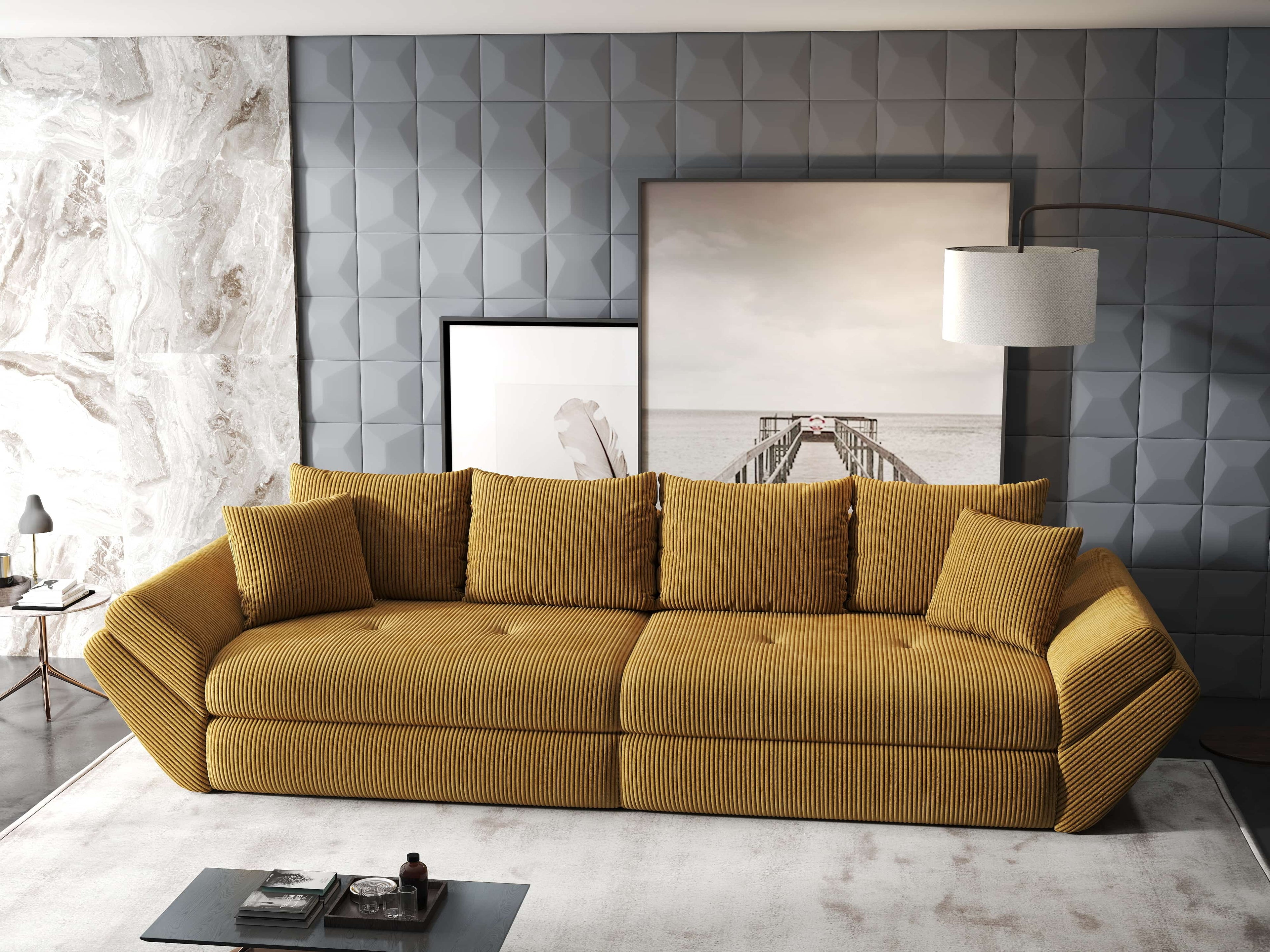 Canapea extensibilă dumonde cu ladă de depozitare si sezut confortabil din spuma high-density, Loana Zoom Mustar 300x100 cm