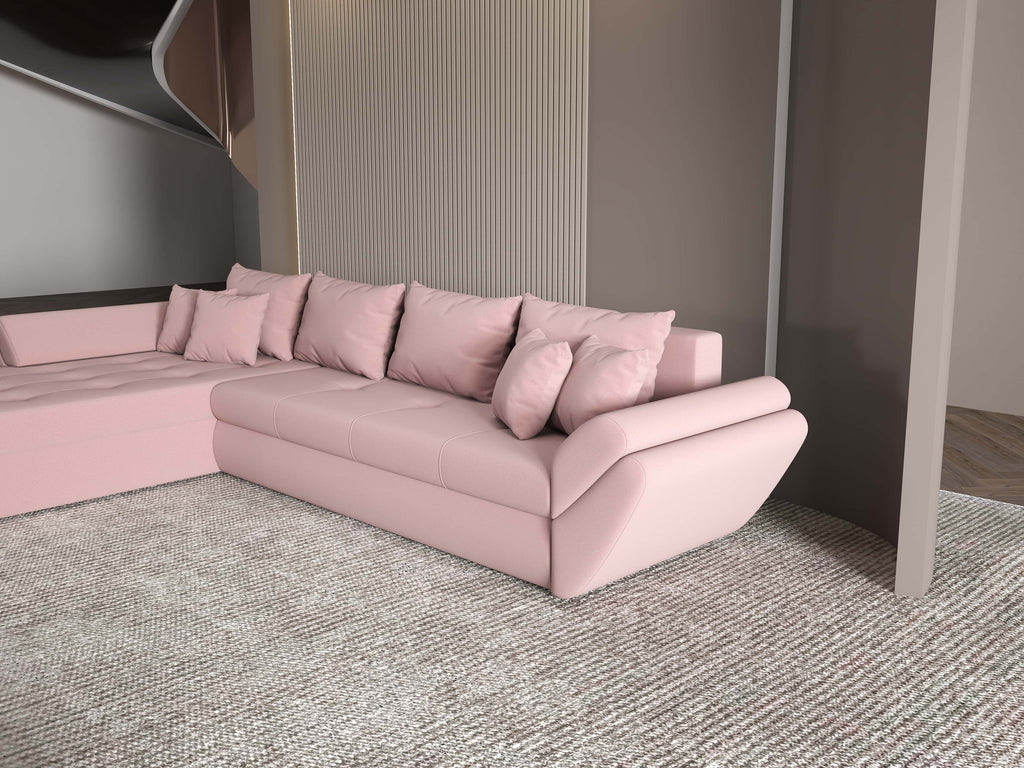 Colțar extensibil dumonde cu ladă de depozitare si sezut confortabil din spuma high-density, Loana XL Royal Roz 335x185 cm