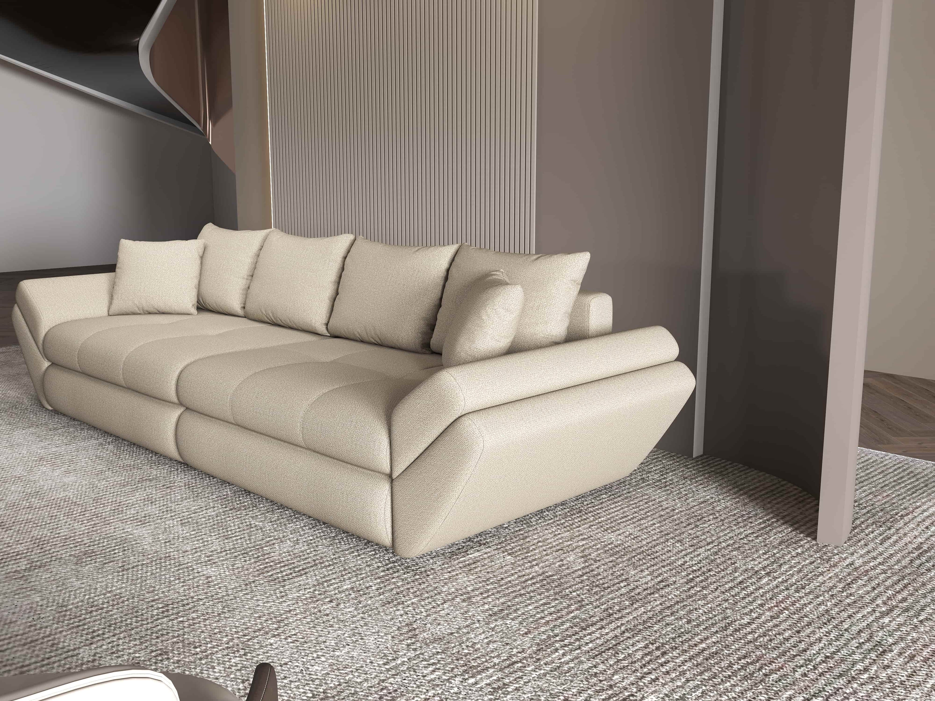 Canapea extensibilă dumonde cu ladă de depozitare si sezut confortabil din spuma high-density, Loana Enjoy Camel 300x100 cm