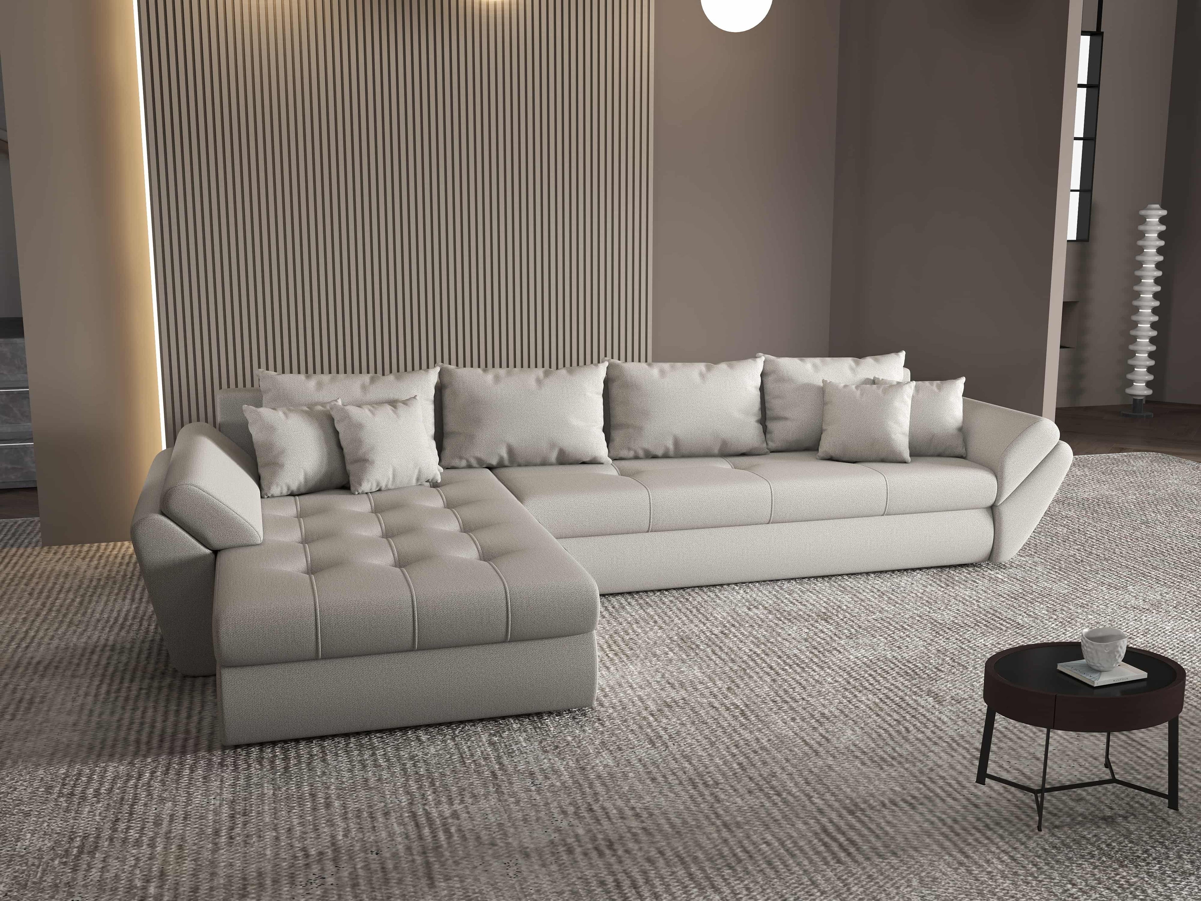 Colțar extensibil dumonde cu ladă de depozitare si sezut confortabil din spuma high-density, Loana XL Enjoy Beige 335x185 cm