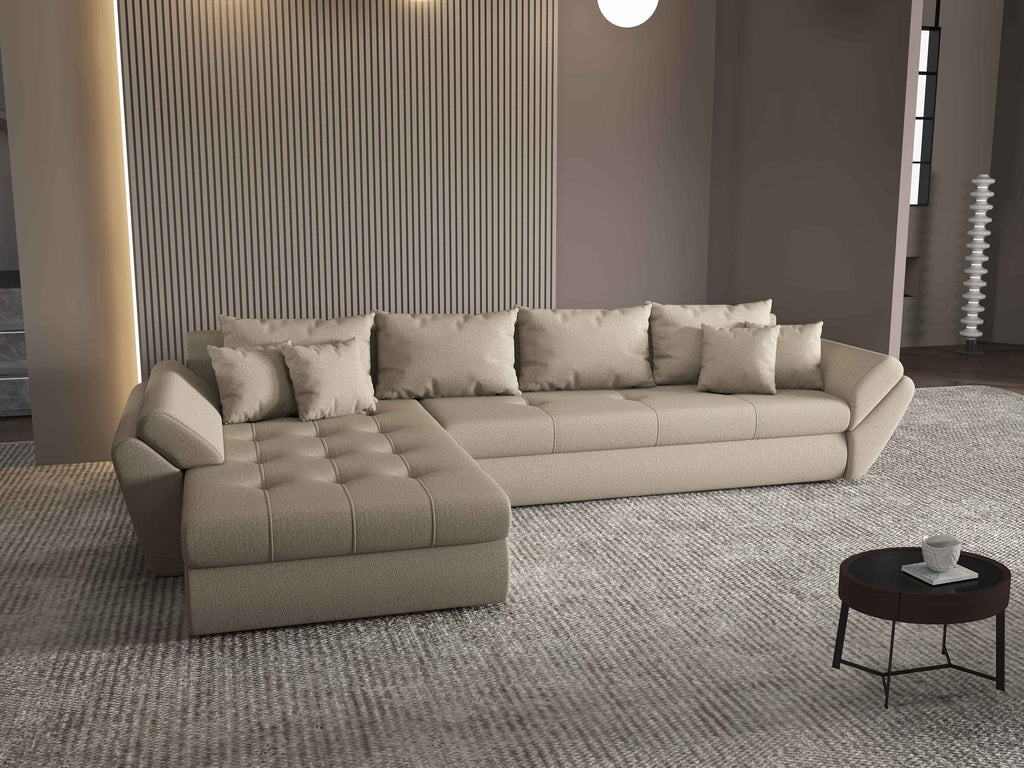 Colțar extensibil dumonde cu ladă de depozitare si sezut confortabil din spuma high-density, Loana XL Enjoy Camel 335x185 cm