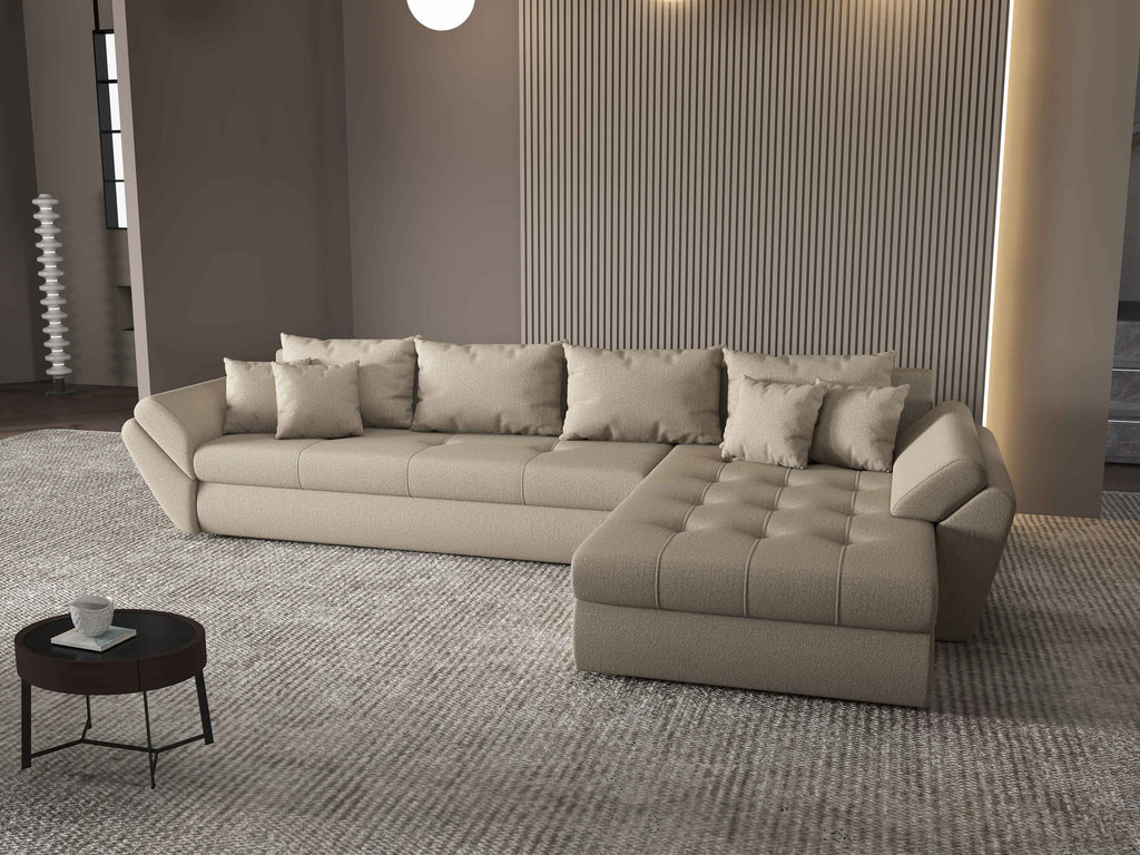 Colțar extensibil dumonde cu ladă de depozitare si sezut confortabil din spuma high-density, Loana XL Enjoy Camel II 335x185 cm