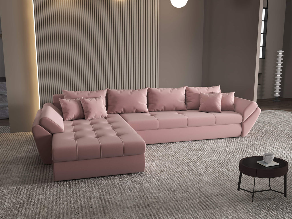 Colțar extensibil dumonde cu ladă de depozitare si sezut confortabil din spuma high-density, Loana XL Royal Roz 335x185 cm