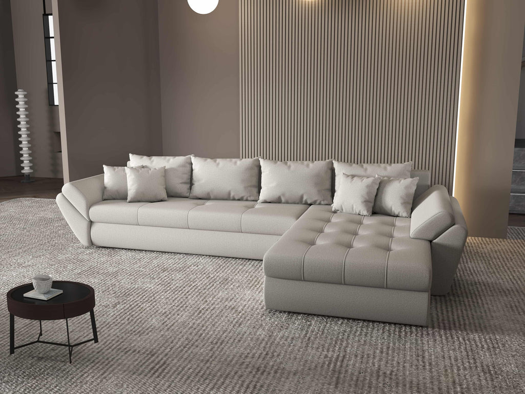 Colțar extensibil dumonde cu ladă de depozitare si sezut confortabil din spuma high-density, Loana XL Enjoy Beige II 335x185 cm
