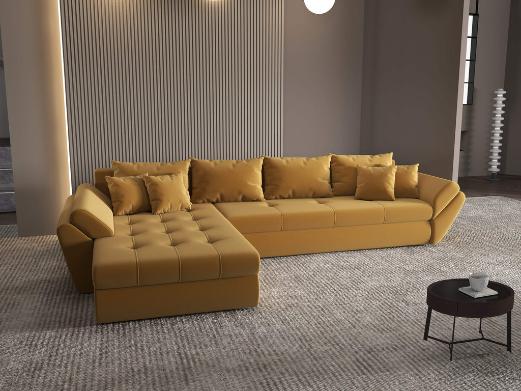 Colțar extensibil dumonde cu ladă de depozitare si sezut confortabil din spuma high-density, Loana XL Royal Mustar 335x185 cm