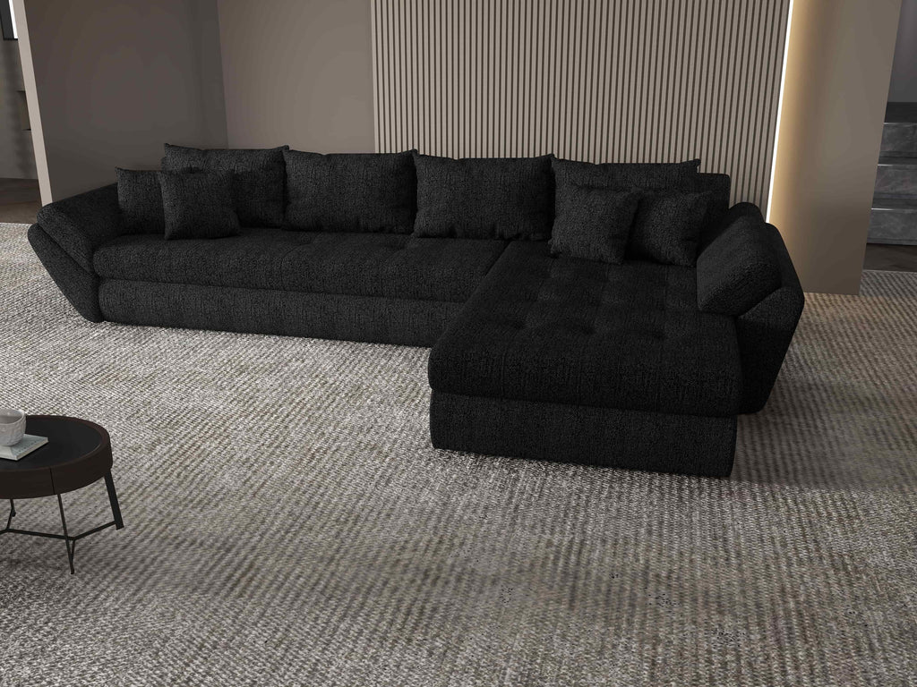 Colțar extensibil dumonde cu ladă de depozitare si sezut confortabil din spuma high-density, Loana XL Enjoy Negru II 335x185 cm