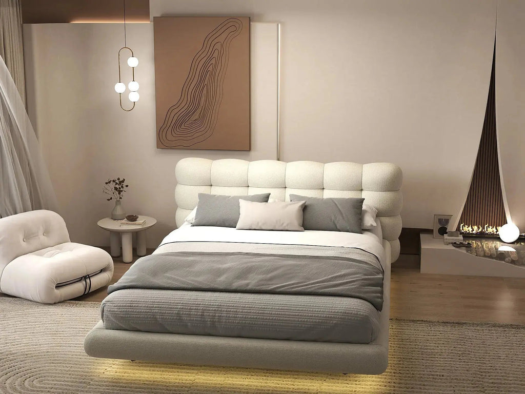 Pat dormitor dumonde, tapitat gri cu LED, "floating bed" Cloud 180x200 cm, somiera inclusa