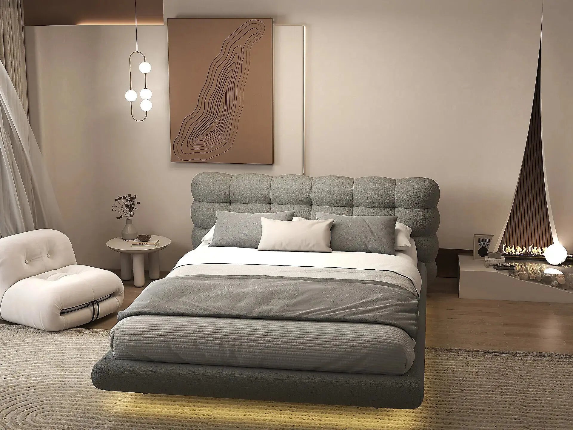 Pat dormitor dumonde, tapitat gri cu LED, "floating bed" Cloud 140x200 cm, somiera inclusa