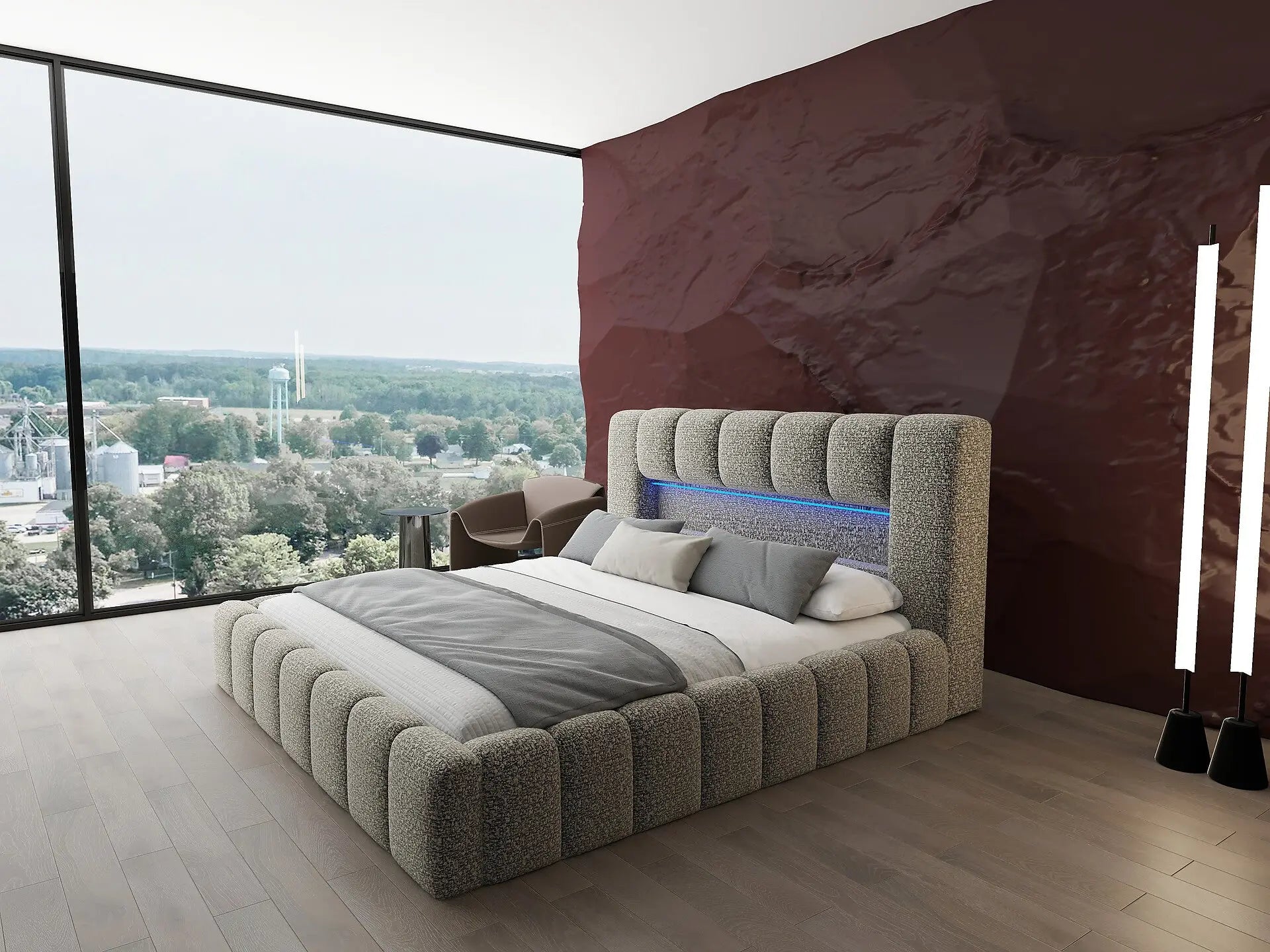 Pat dormitor dumonde, tapitat bej cu LED si USB, Palermo 160x200 cm, somiera rabatabila inclusa, spatiu depozitare