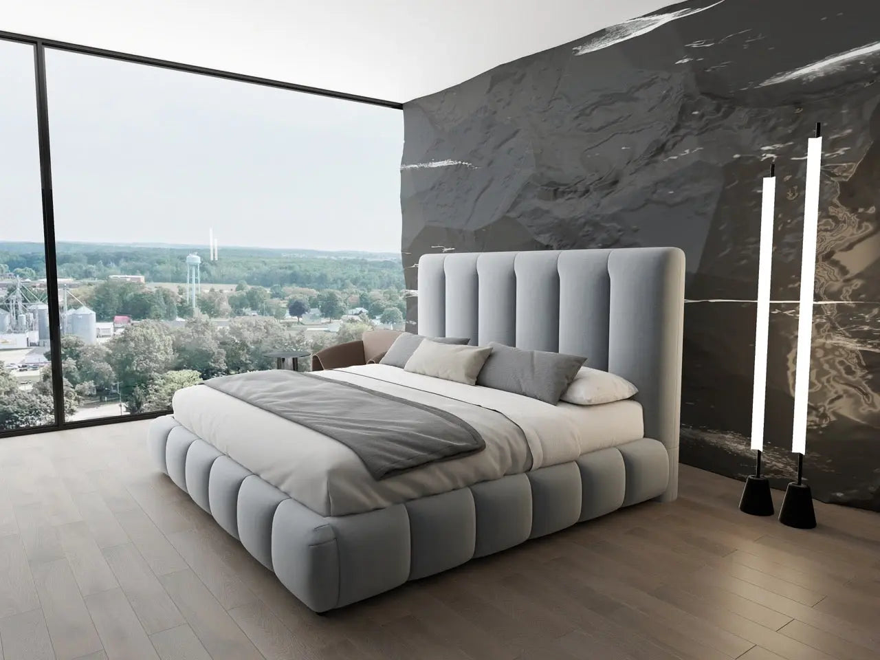 Pat dormitor dumonde, tapitat gri, Divaneo 180x200 cm, somiera rabatabila inclusa, spatiu depozitare
