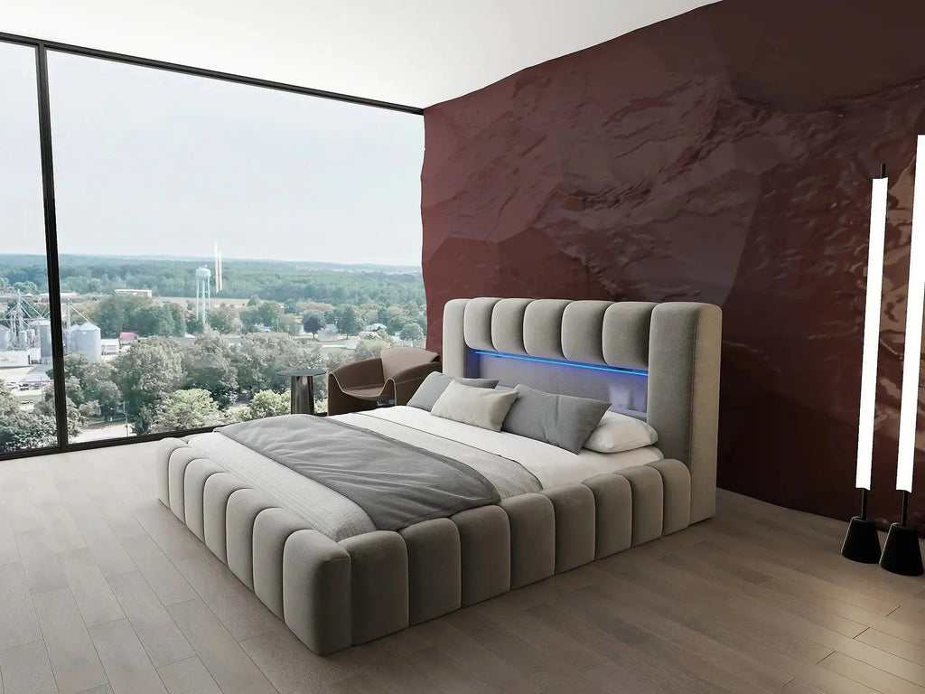Pat dormitor dumonde, tapitat bej cu LED si USB, Palermo 160x200 cm, somiera rabatabila inclusa, spatiu depozitare