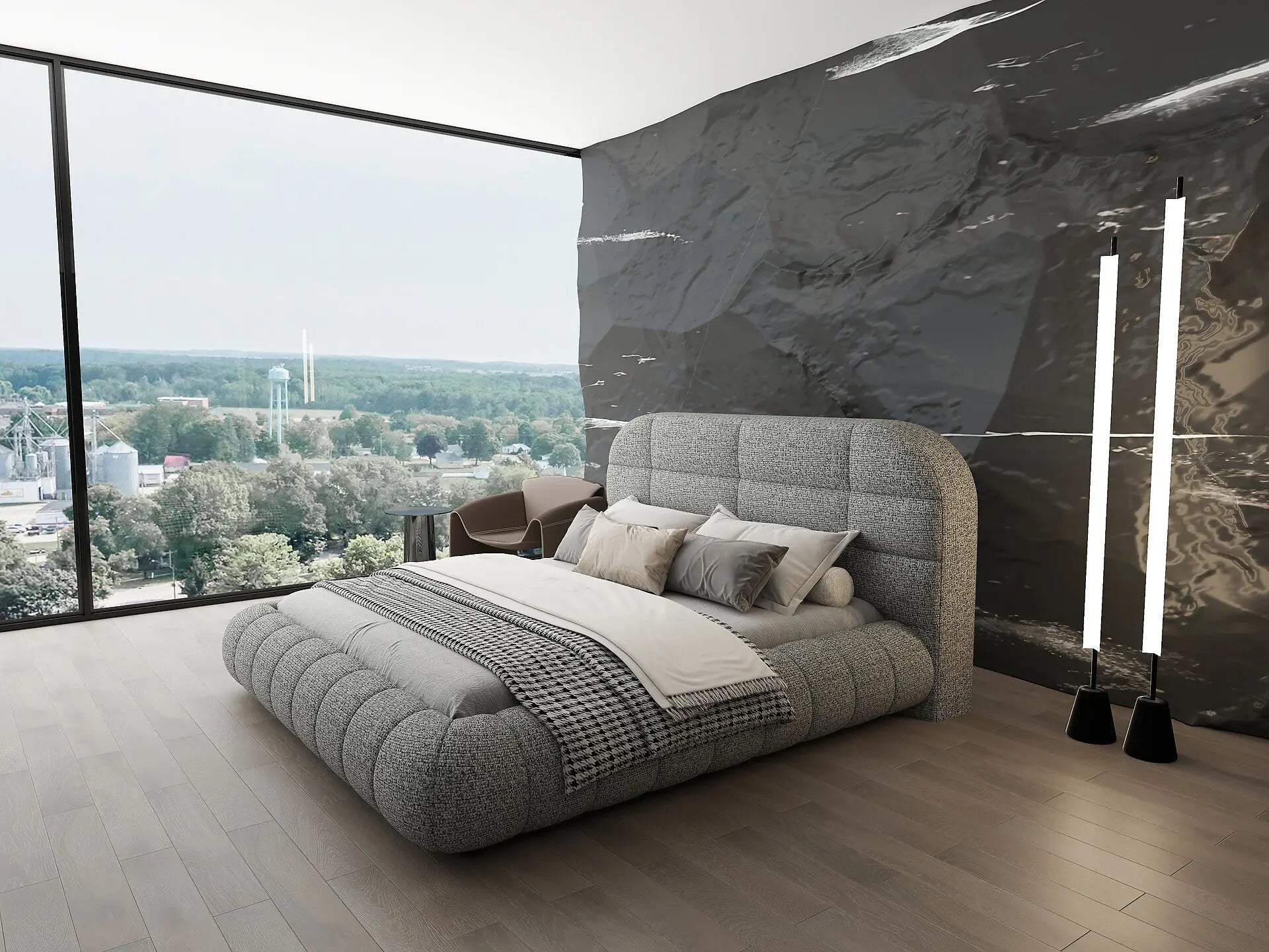 Pat dormitor dumonde, tapitat gri, Senso 180x200 cm, somiera rabatabila inclusa, spatiu depozitare