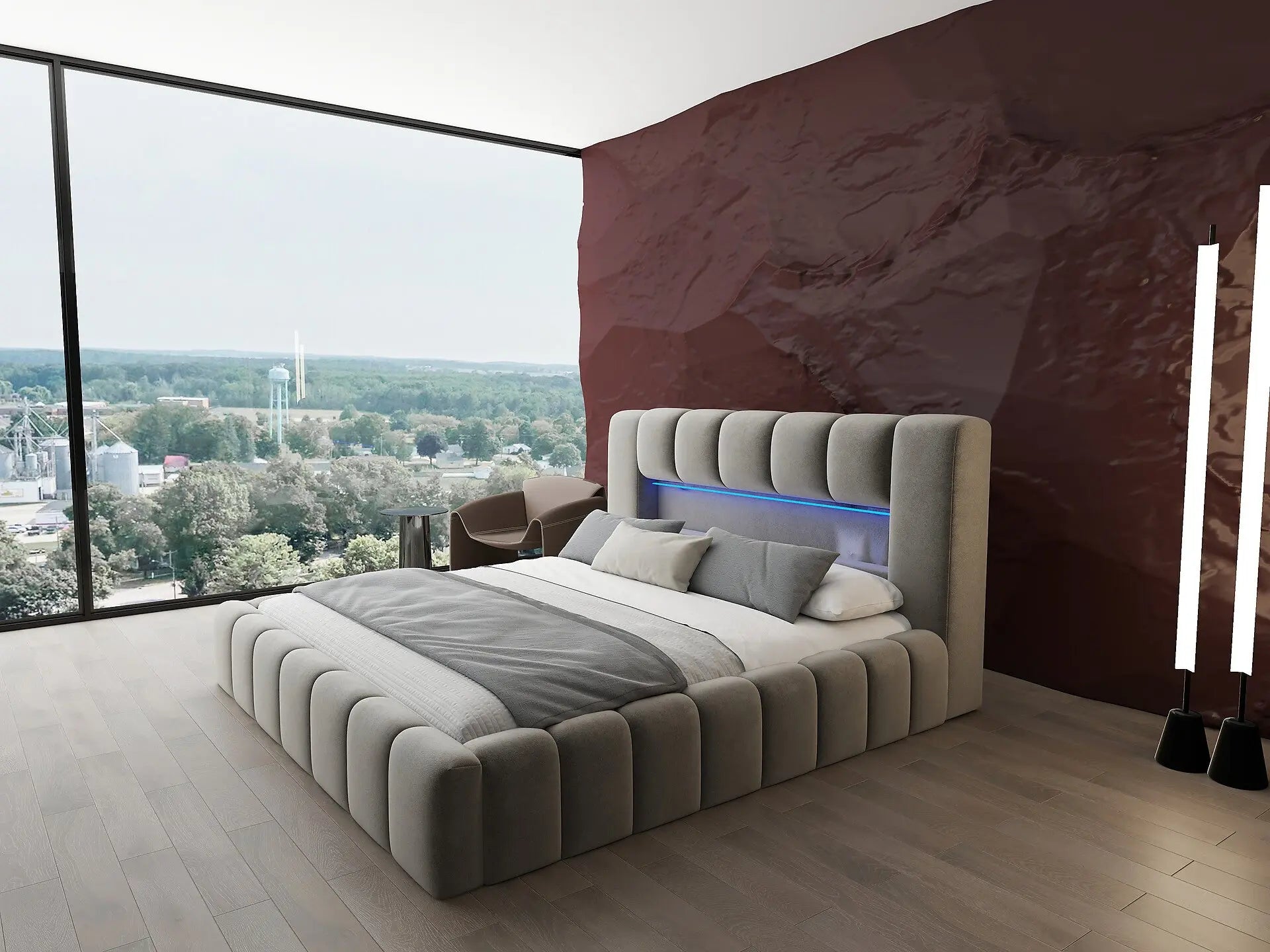 Pat dormitor dumonde, tapitat bej cu LED si USB, Palermo 180x200 cm, somiera rabatabila inclusa, spatiu depozitare